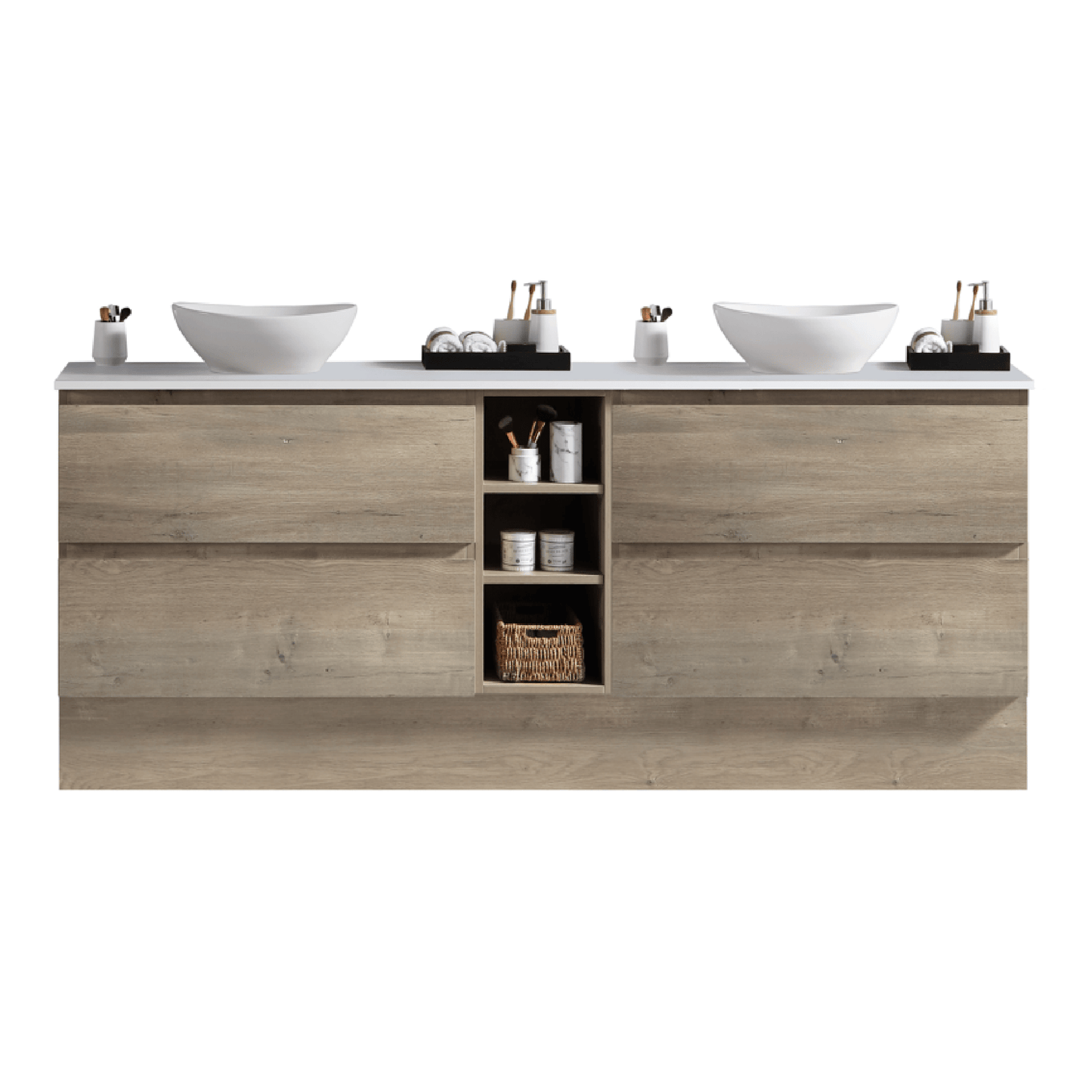 MELA - CLARK 1500 Sorrento Oak Wall Hung Vanity with 4 Drawers and Open ShelvesVanities – available at Bathroom City Perth