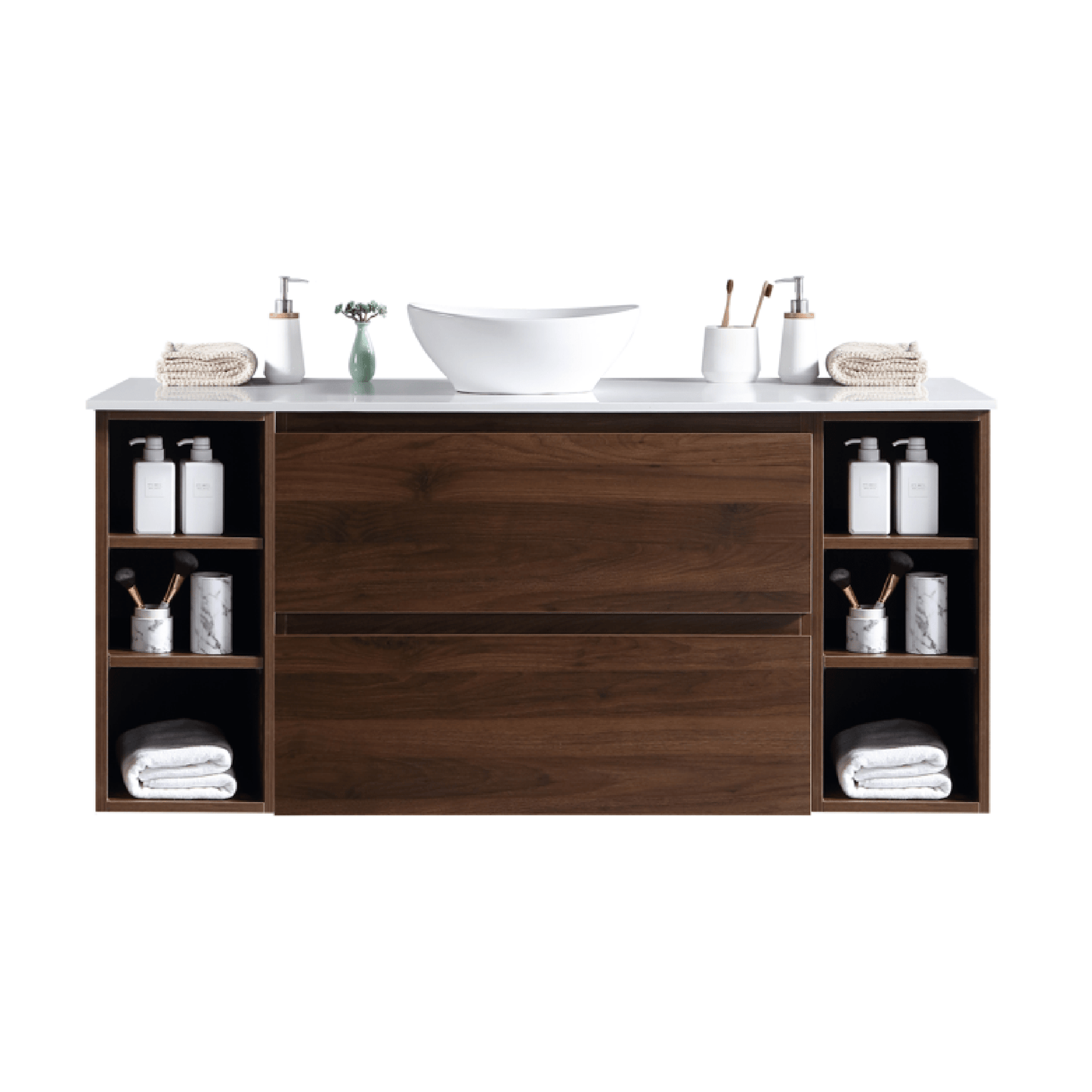 MELA - CLARK 1500 Walnut Wall Hung Vanity with 2 Drawers and 2 Open ShelvesVanities – available at Bathroom City Perth