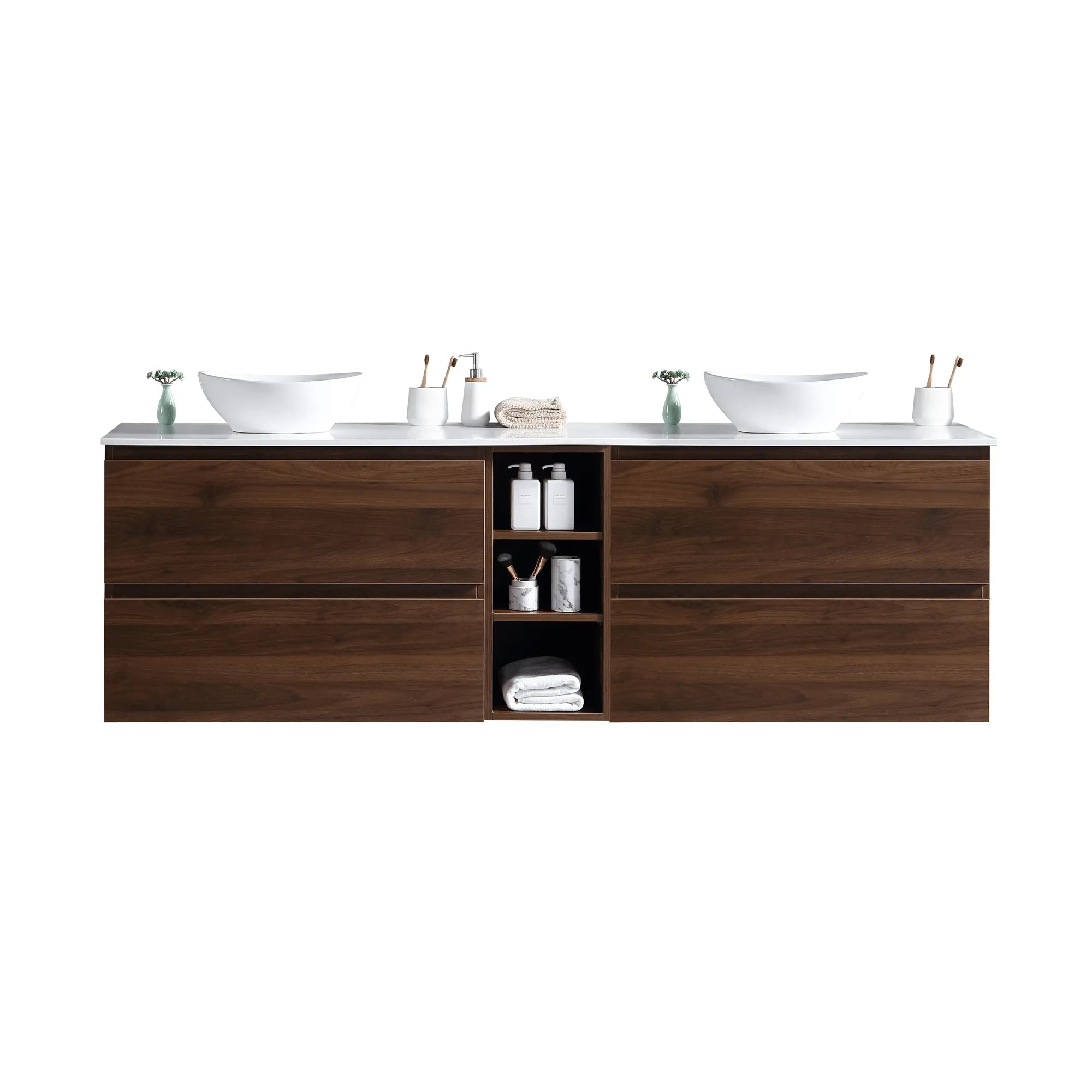 MELA - CLARK 1500 Walnut Wall Hung Vanity with 4 Drawers and Open Shelves-Vanities-from our-MELA-supplier–available at Bathroom City Perth
