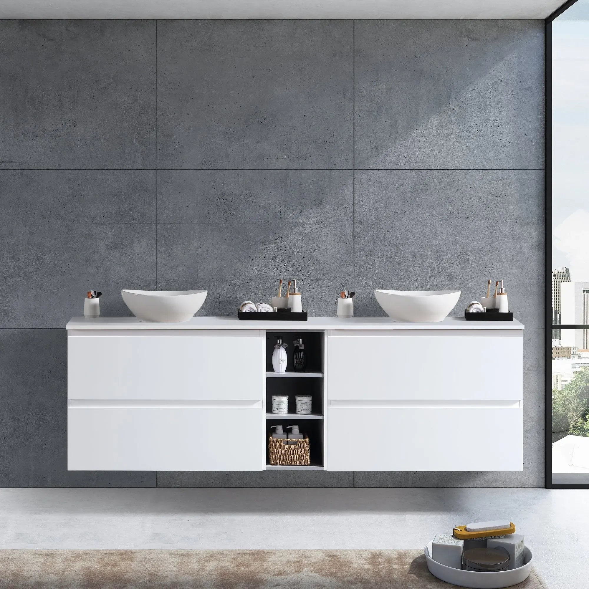 MELA - CLARK 1800 Gloss White Wall Hung Vanity with 4 Drawers and Open Shelves-Vanities-from our-MELA-supplier–available at Bathroom City Perth