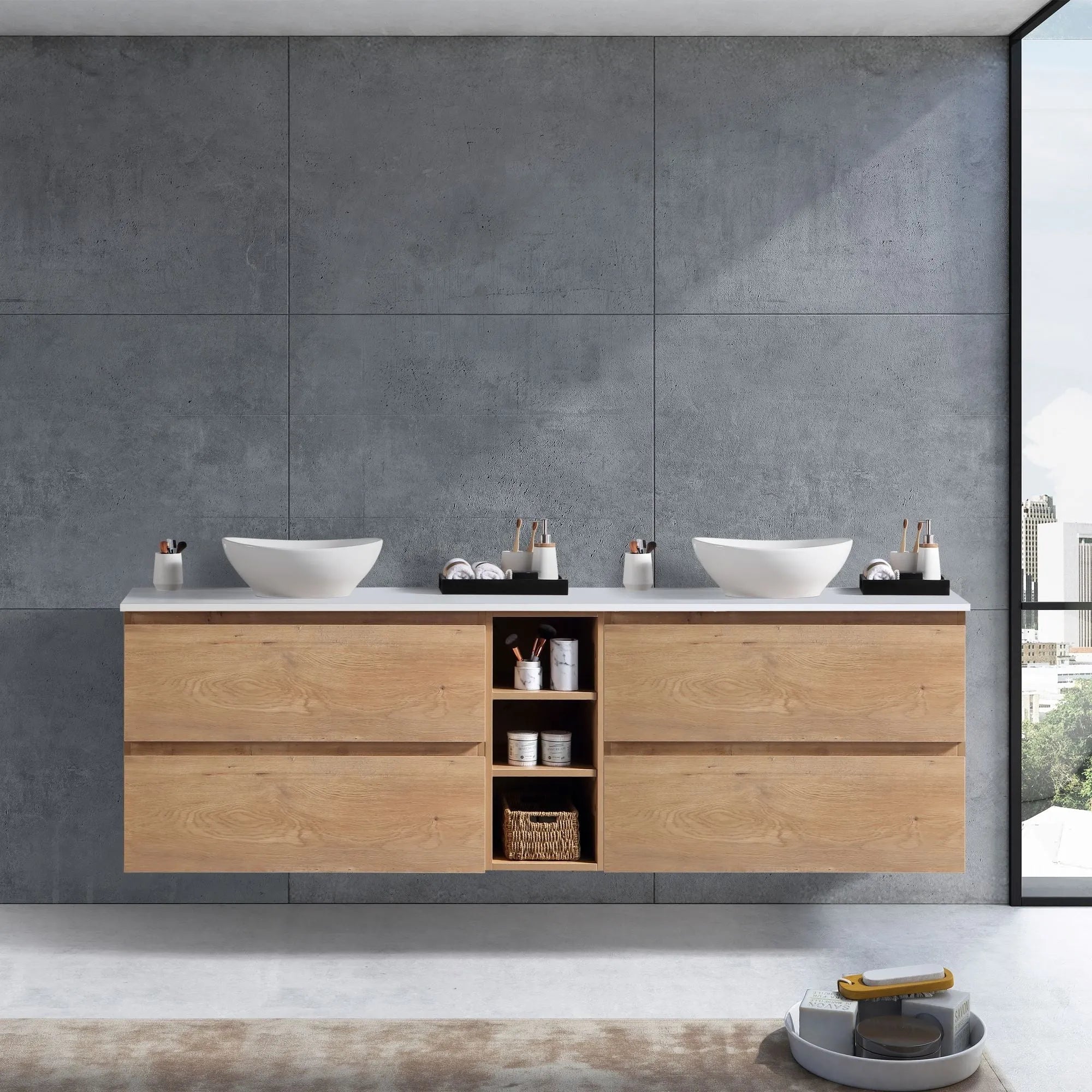 MELA - CLARK 1800 Snafell Wall Hung Vanity with 4 Drawers and Open Shelves-Vanities-from our-MELA-supplier–available at Bathroom City Perth
