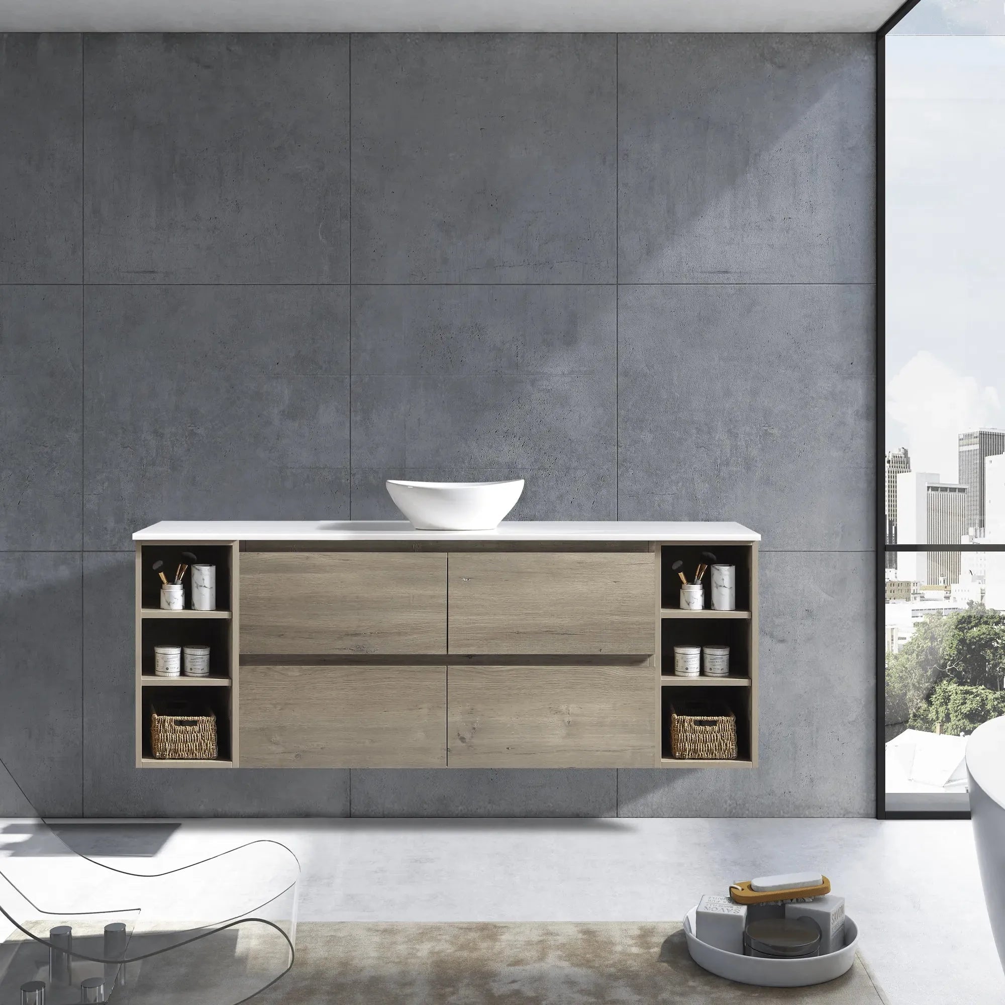 MELA - CLARK 1800 Sorrento Oak Wall Hung Vanity with 4 Drawers and 2 Open Shelves-Vanities-from our-MELA-supplier–available at Bathroom City Perth