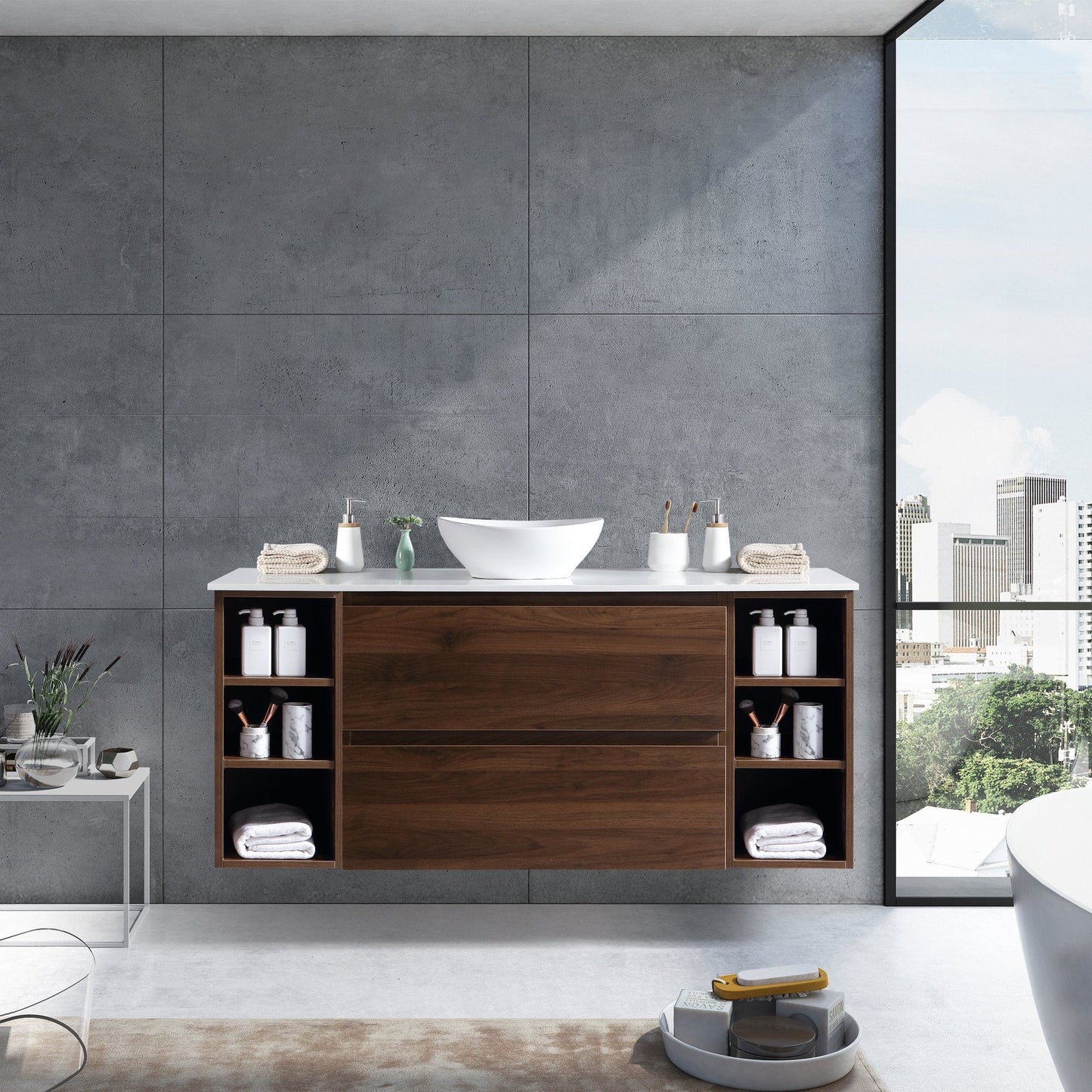 MELA - CLARK 1800 Walnut Wall Hung Vanity with 2 Drawers and 2 Open ShelvesVanities – available at Bathroom City Perth