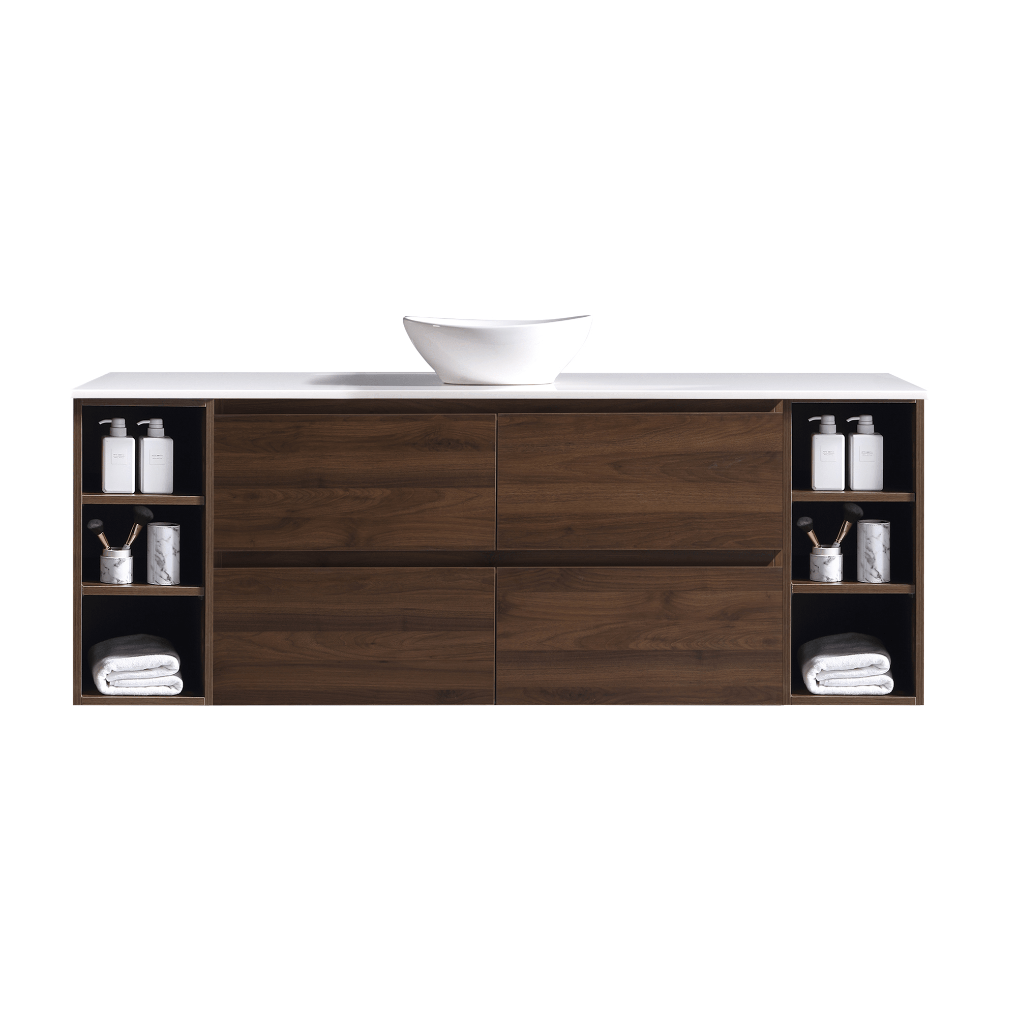 MELA - CLARK 1800 Walnut Wall Hung Vanity with 4 Drawers and 2 Open Shelves - Vanities –available at Bathroom City Perth