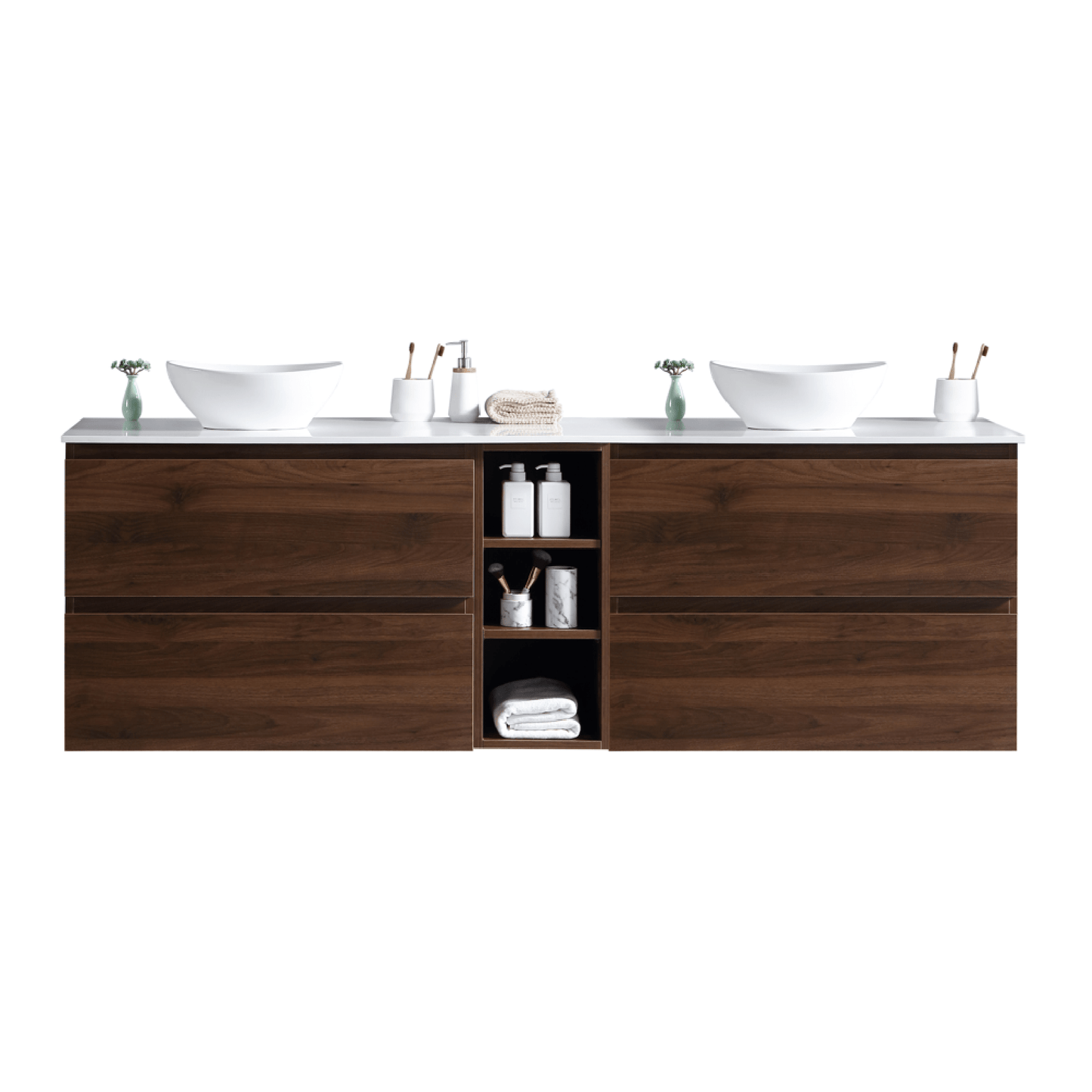 MELA - CLARK 1800 Walnut Wall Hung Vanity with 4 Drawers and Open ShelvesVanities – available at Bathroom City Perth