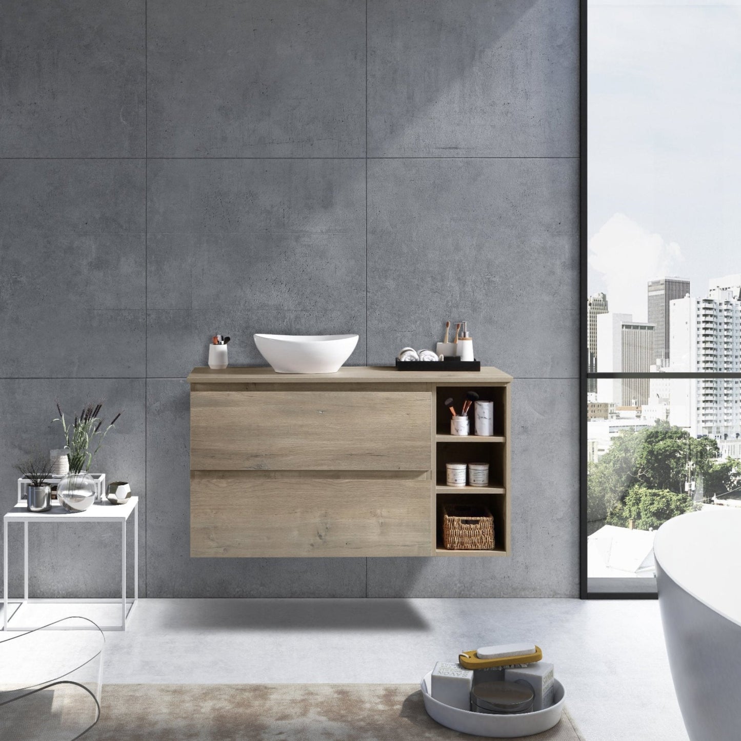 MELA - CLARK 900 Sorrento Oak Wall Hung Vanity with 2 Drawers and Open ShelvesVanities – available at Bathroom City Perth