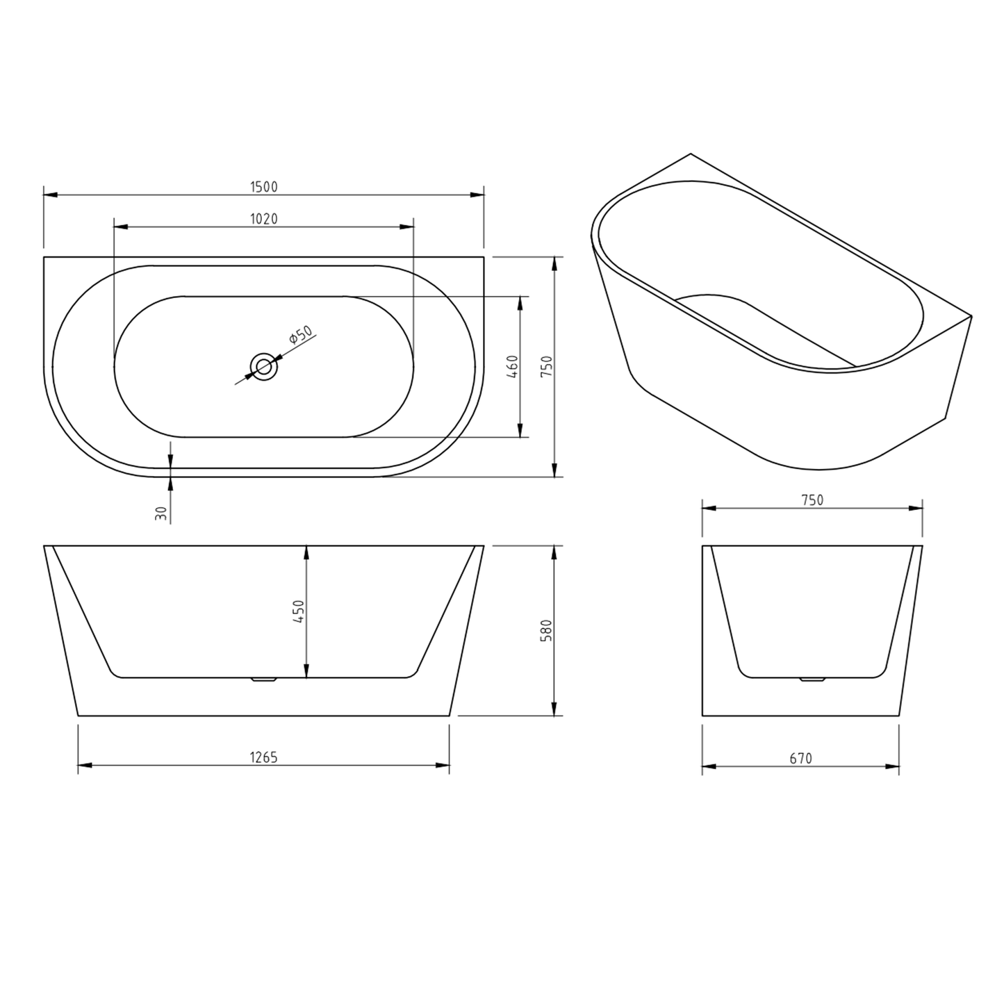 MELA - KORI 1500 Back to Wall Free Standing BathBaths – available at Bathroom City Perth