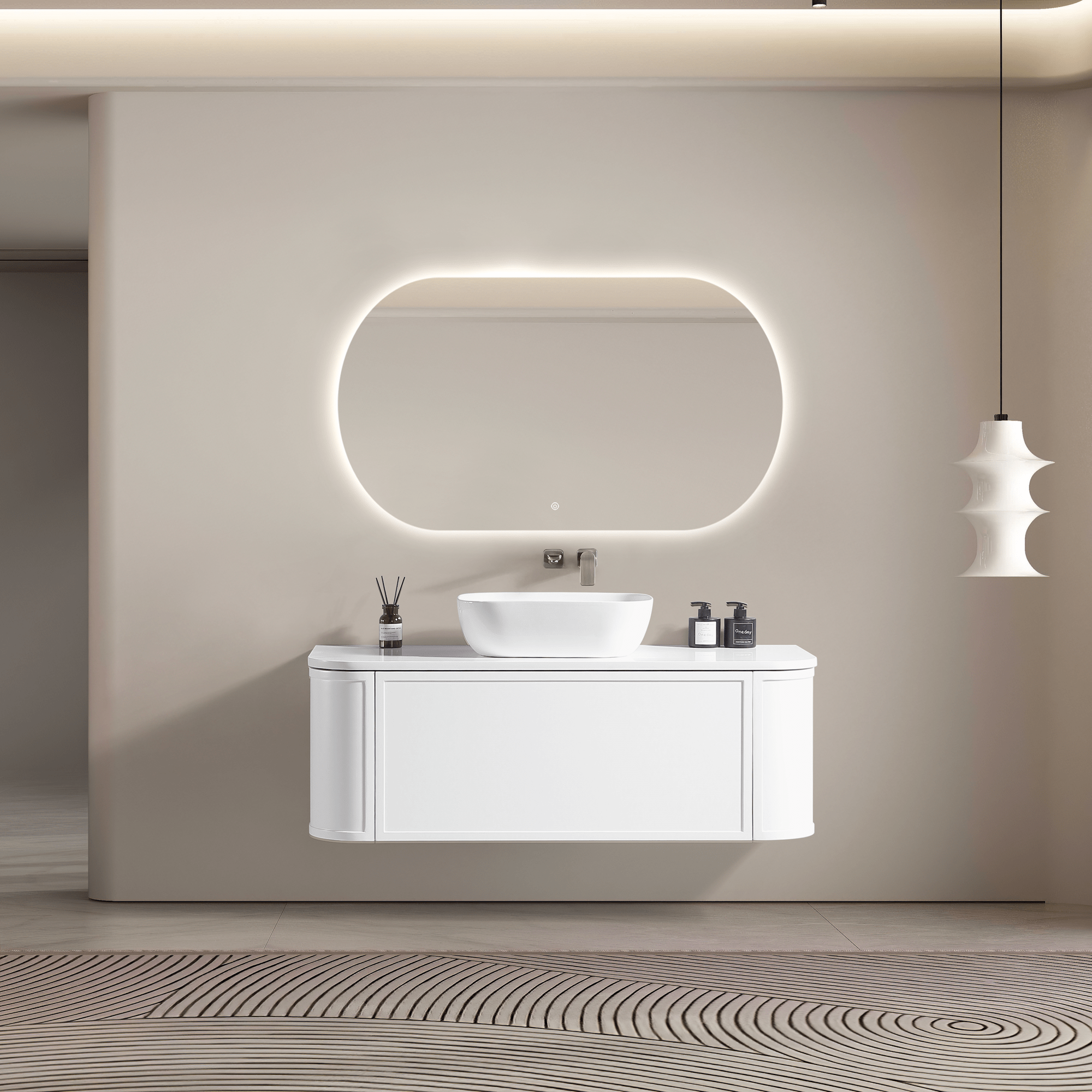 MELA - LUNA 1200 Matt White Curved Wall Hung Vanity with Drawer from our - MELA - supplier–available at Bathroom City Perth
