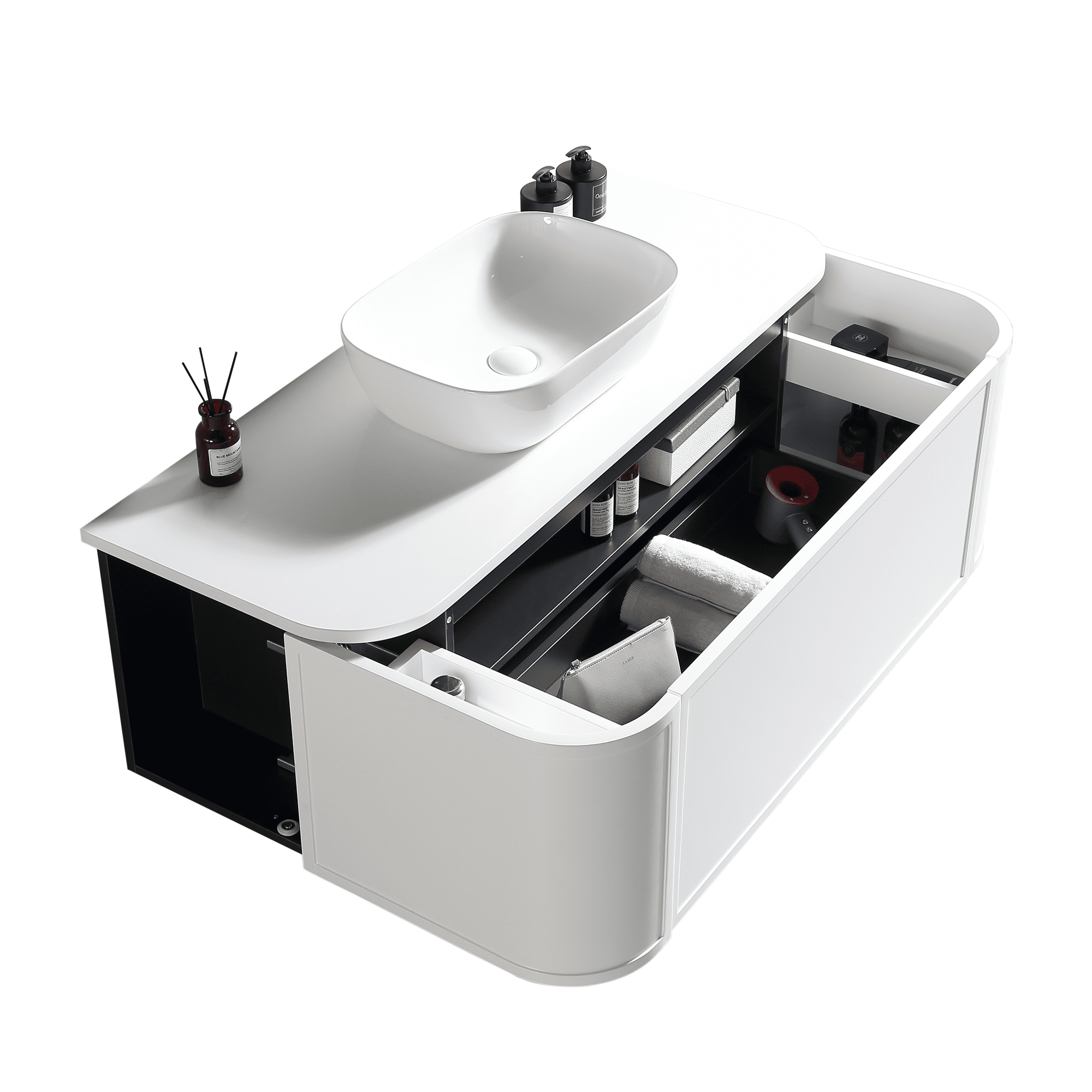MELA - LUNA 1200 Matt White Curved Wall Hung Vanity with Drawer from our - MELA - supplier–available at Bathroom City Perth