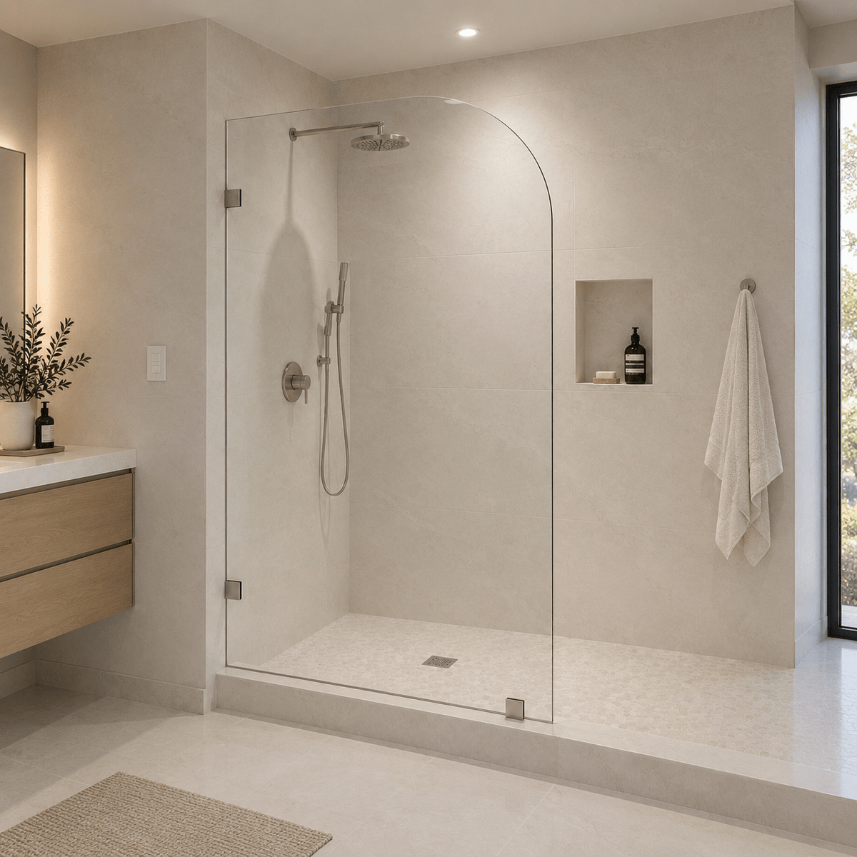 MELA - MORRIS 995mm Curved Frameless Shower Panel-Shower Screen-from our-MELA-supplier–available at Bathroom City Perth