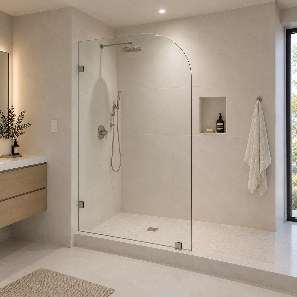 MELA - MORRIS 995mm Curved Frameless Shower Panel-Shower Screen-from our-MELA-supplier–available at Bathroom City Perth
