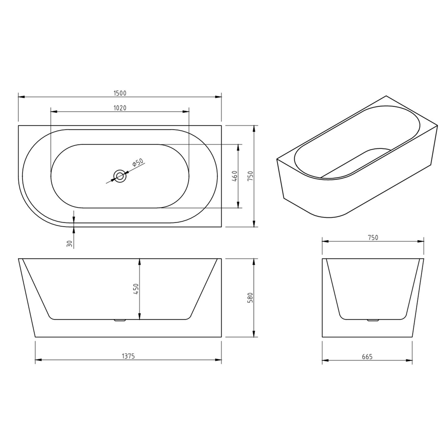MELA - NOOK 1500 Free Standing Bath Right CornerBaths – available at Bathroom City Perth