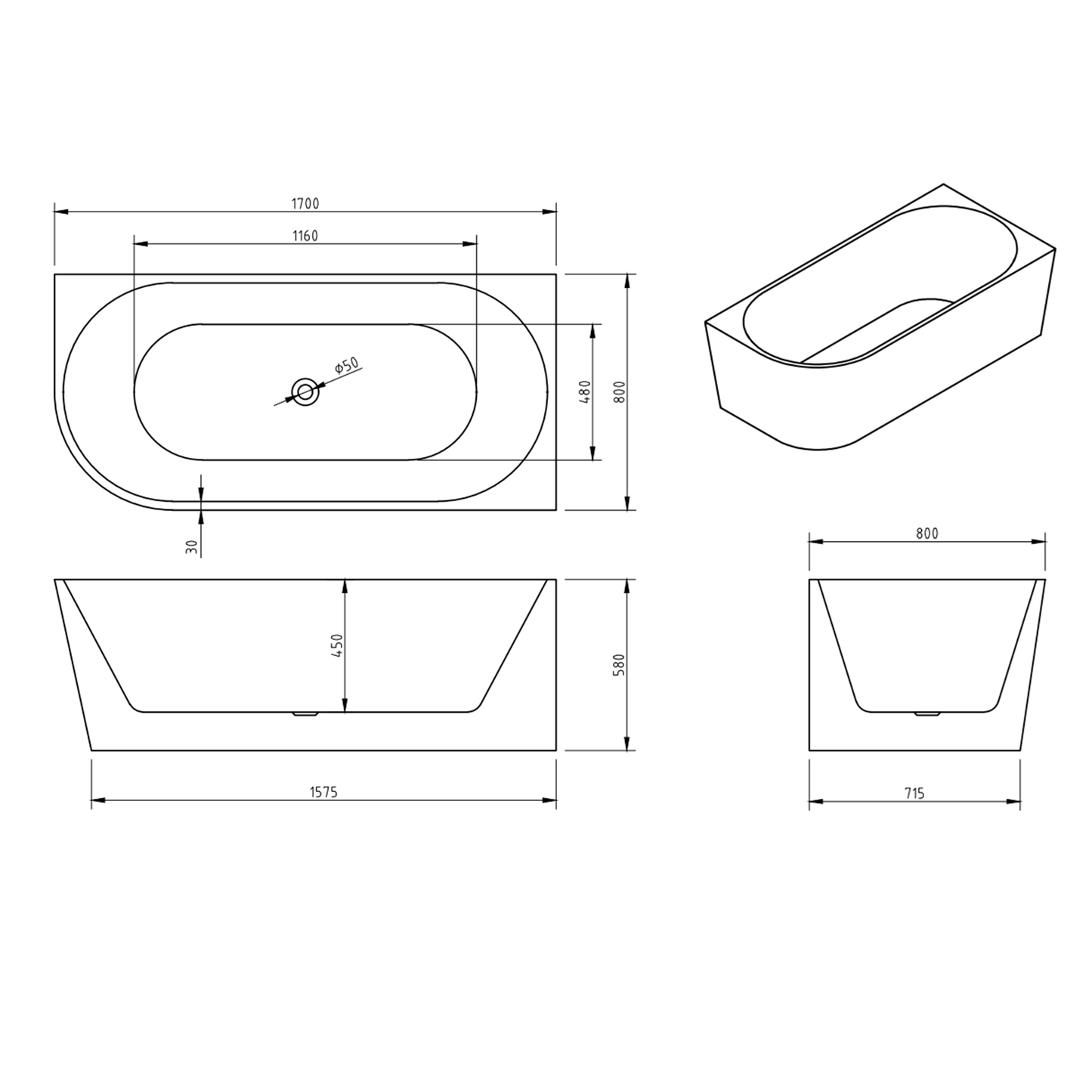 MELA - NOOK 1700 Free Standing Bath Right CornerBaths – available at Bathroom City Perth