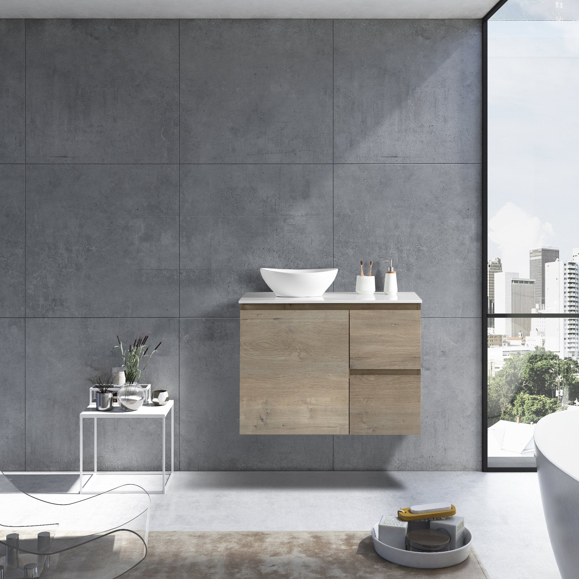 MELA - PADDY 750 Sorrento Oak Wall Hung Vanity with Door & DrawersVanities – available at Bathroom City Perth