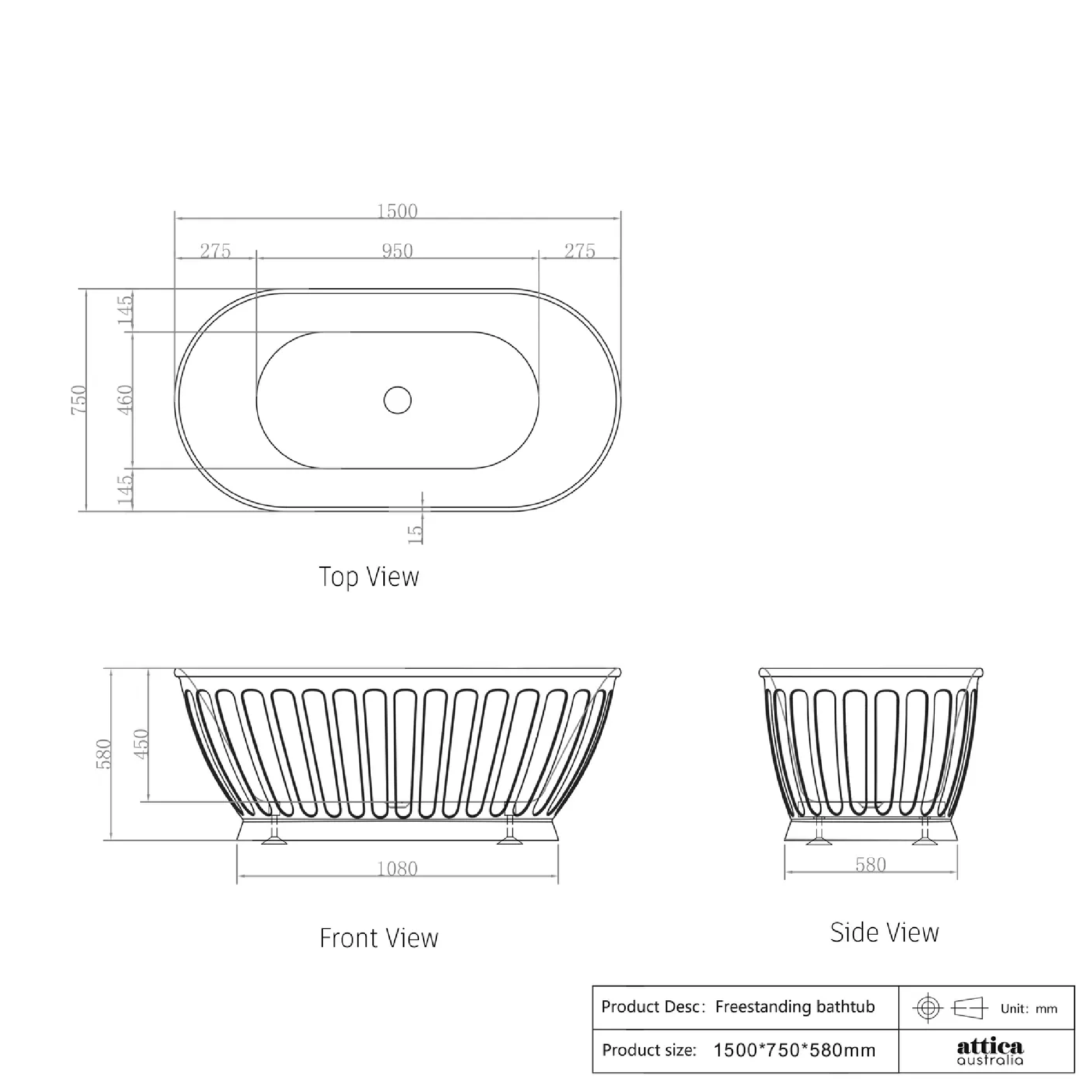 OTTI - Attica Kensington 1500 Matt White Bath - Baths - from our - Otti - supplier–available at Bathroom City Perth