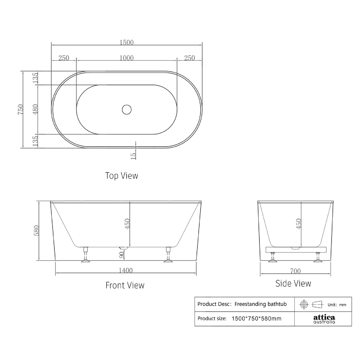OTTI - Attica Noosa 1500 Matt White Bath - Baths - from our - Otti - supplier–available at Bathroom City Perth