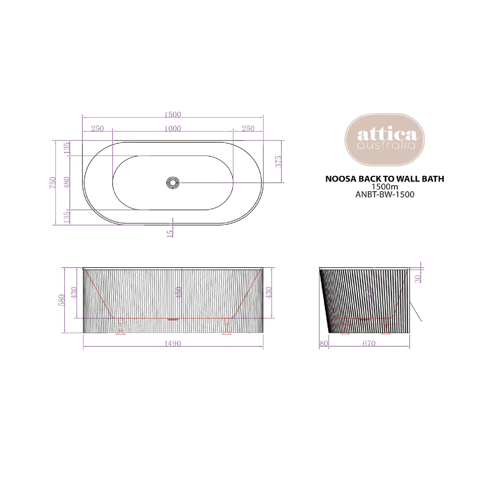 OTTI - Attica Noosa 1500 Matt White BTW Multi - fit Bath - Baths - from our - Otti - supplier–available at Bathroom City Perth
