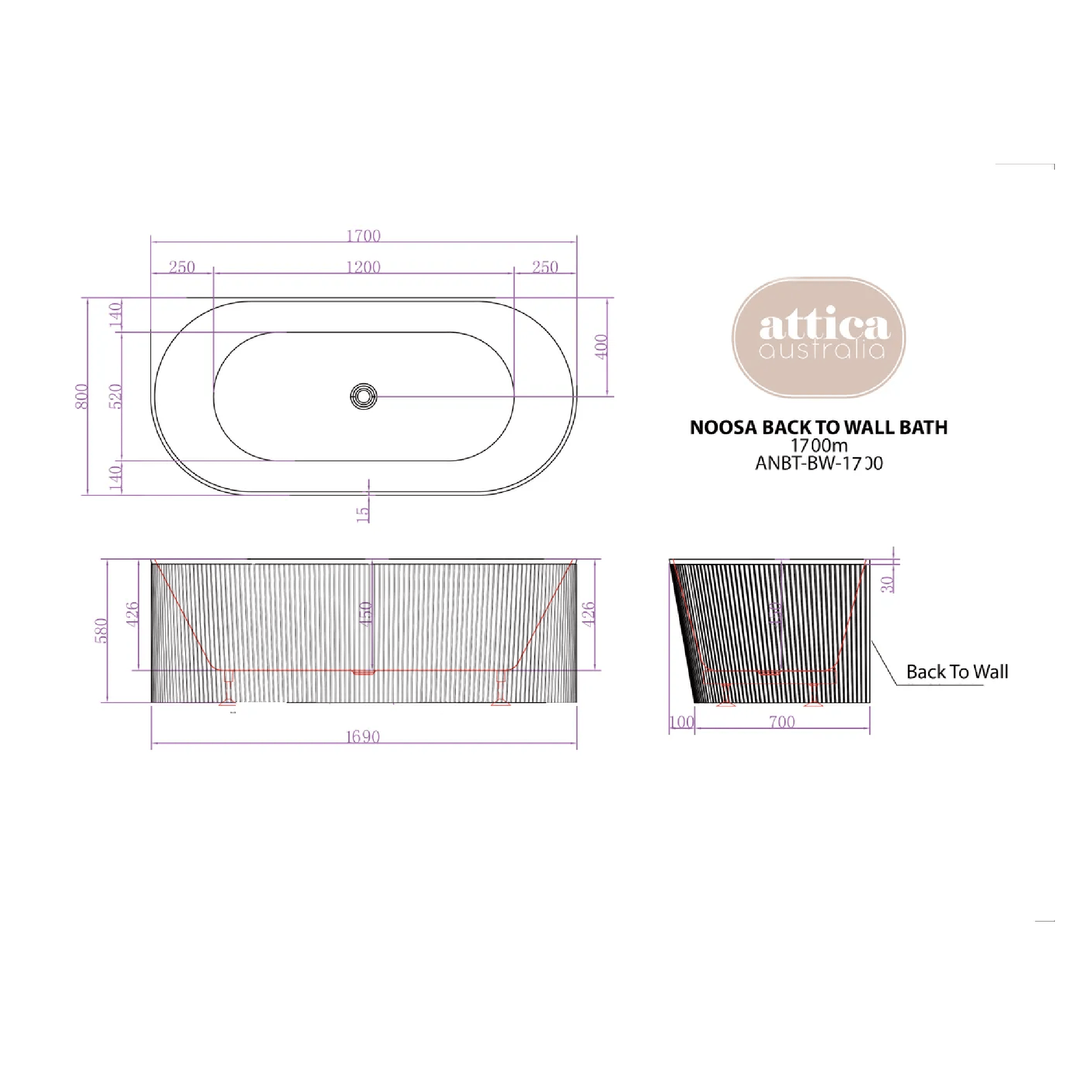 OTTI - Attica Noosa 1700 Matt White BTW Multi - fit Bath - Baths - from our - Otti - supplier–available at Bathroom City Perth
