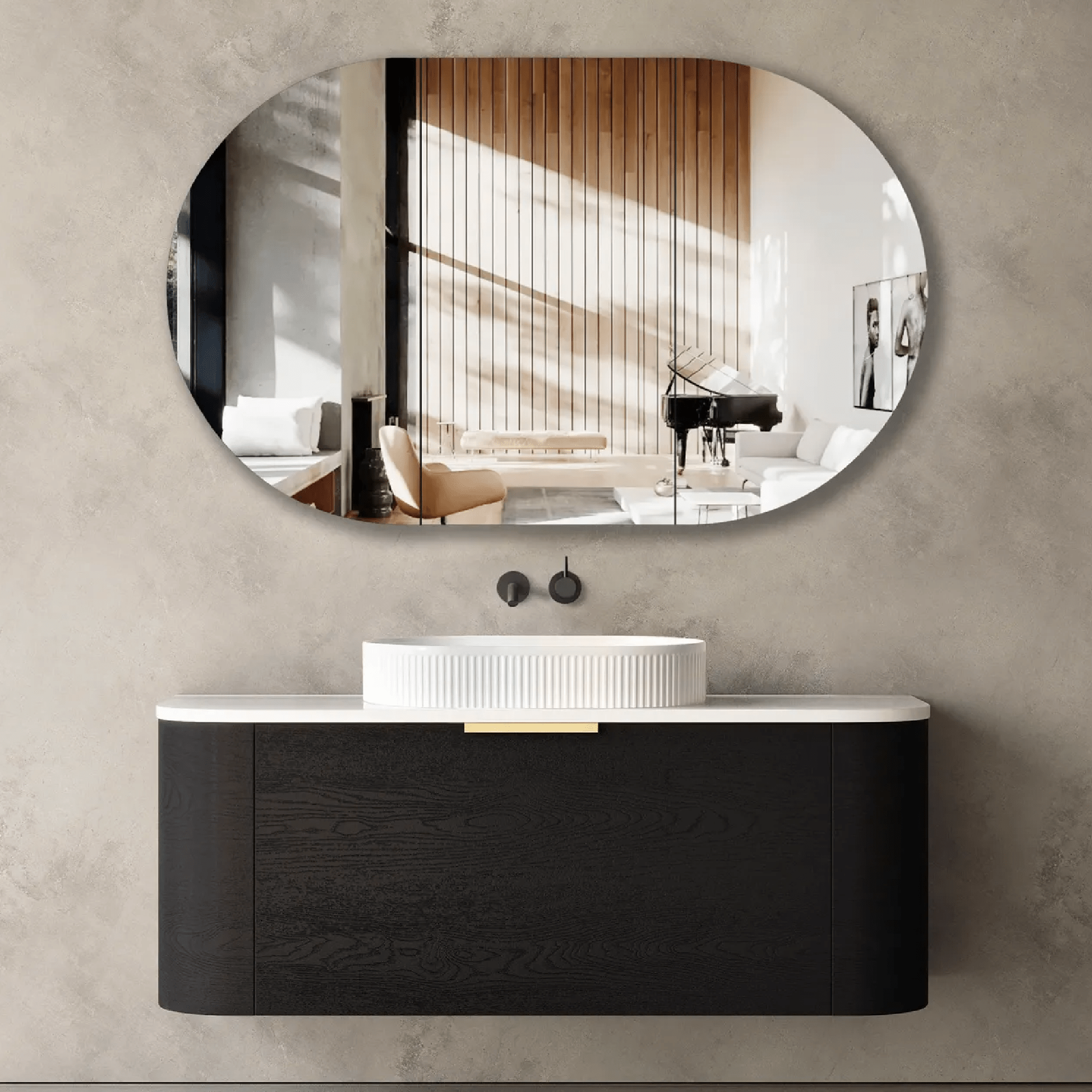 OTTI - Bondi 1200mm Black Oak Wall Hung Curve Vanity - Vanities - from our - Otti - supplier–available at Bathroom City Perth