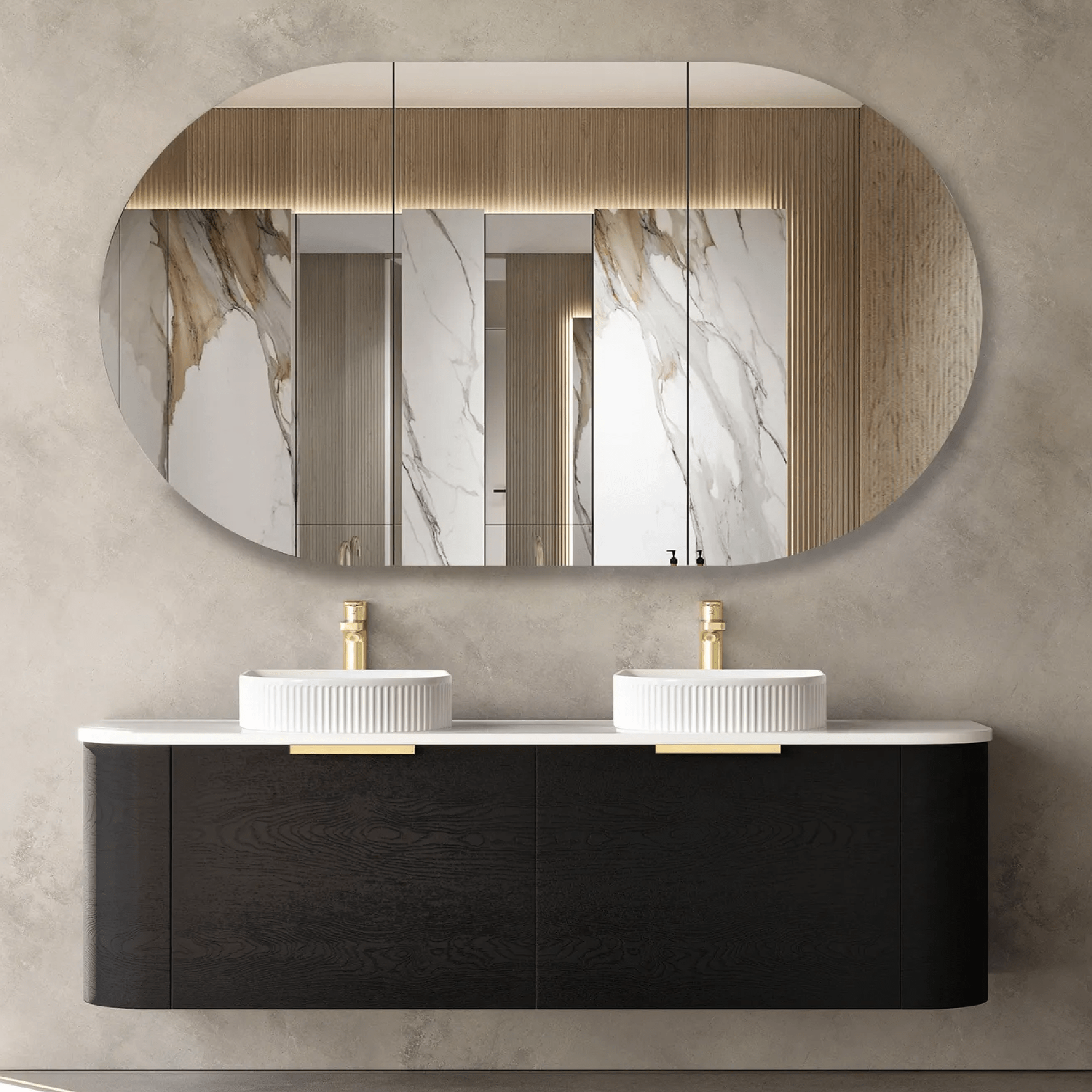 OTTI - Bondi 1500mm Black Oak Wall Hung Curve Vanity - Vanities - from our - Otti - supplier–available at Bathroom City Perth