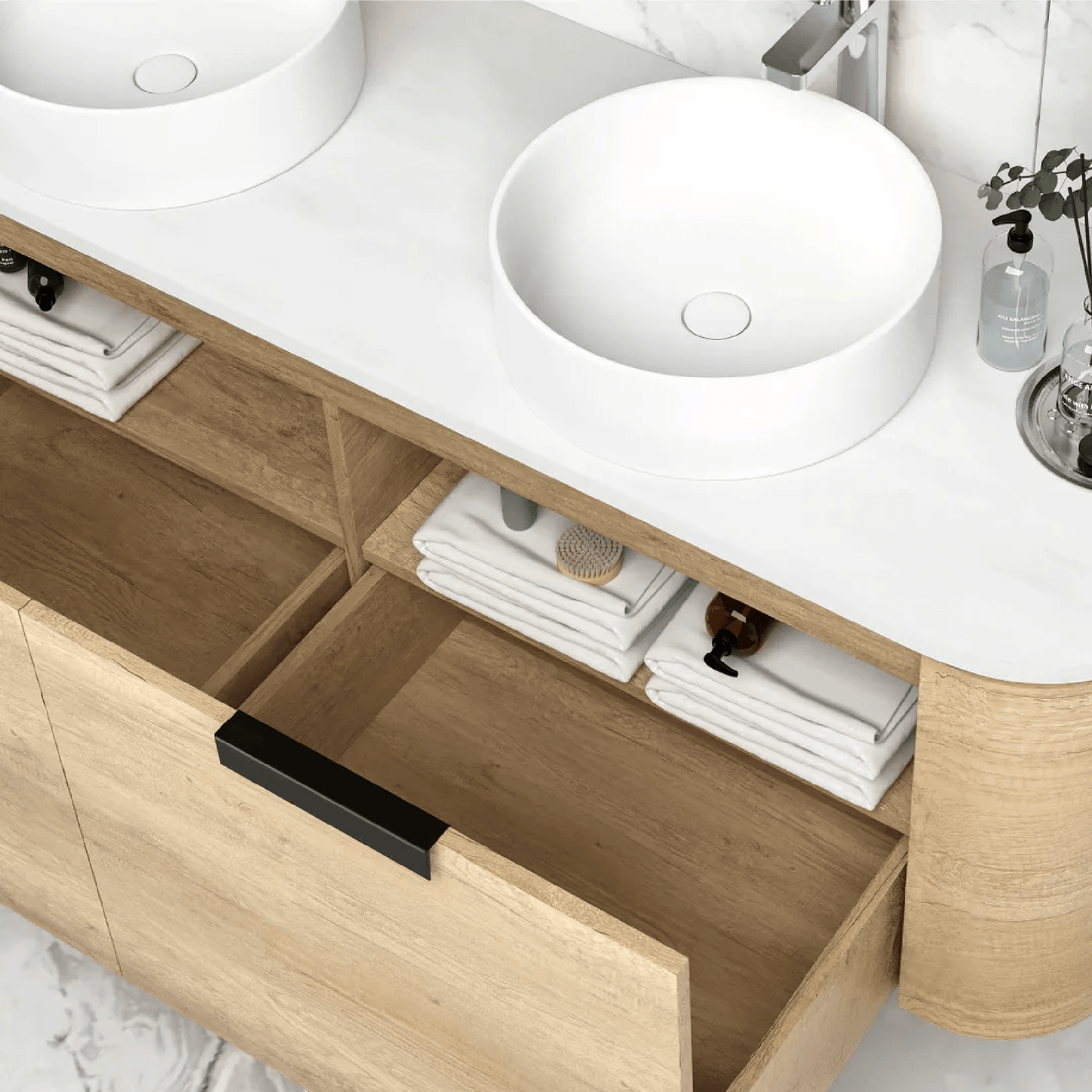 OTTI - Bondi 1500mm Natural Oak Wall Hung Curve Vanity - Vanities - from our - Otti - supplier–available at Bathroom City Perth