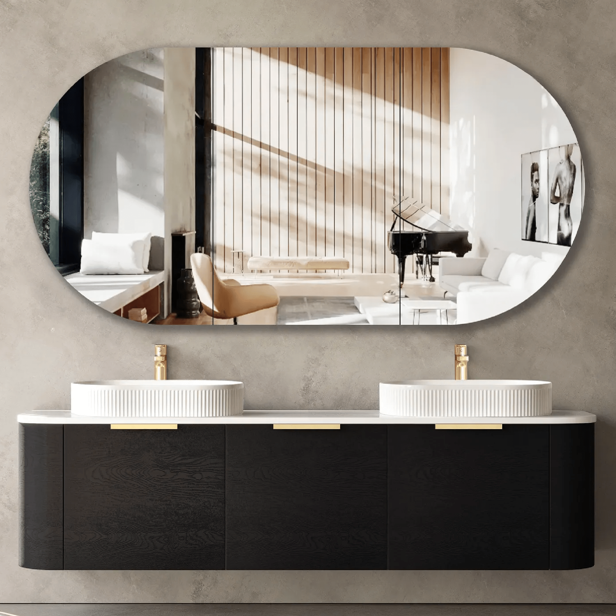 OTTI - Bondi 1800mm Black Oak Wall Hung Curve Vanity - Vanities - from our - Otti - supplier–available at Bathroom City Perth