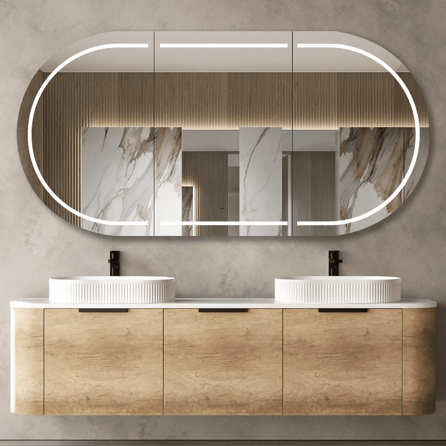 OTTI - Bondi 1800mm Natural Oak Wall Hung Curve Vanity - Vanities - from our - Otti - supplier–available at Bathroom City Perth