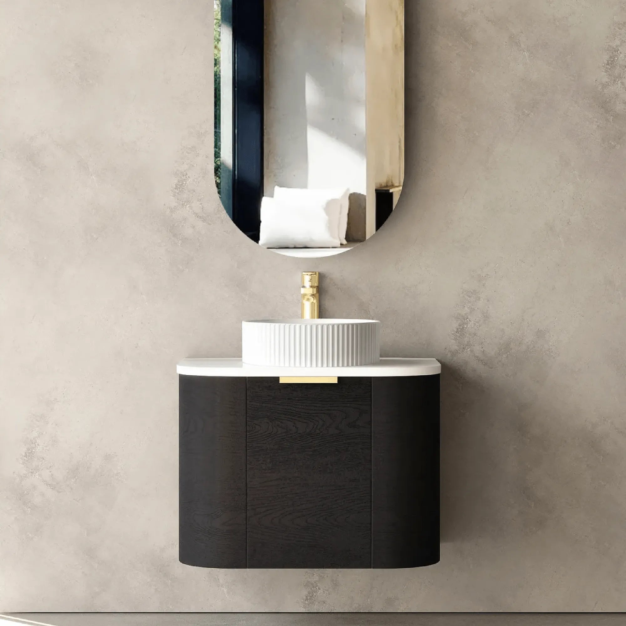 OTTI - Bondi 600mm Black Oak Wall Hung Curve Vanity-Vanities-from our-Otti-supplier–available at Bathroom City Perth