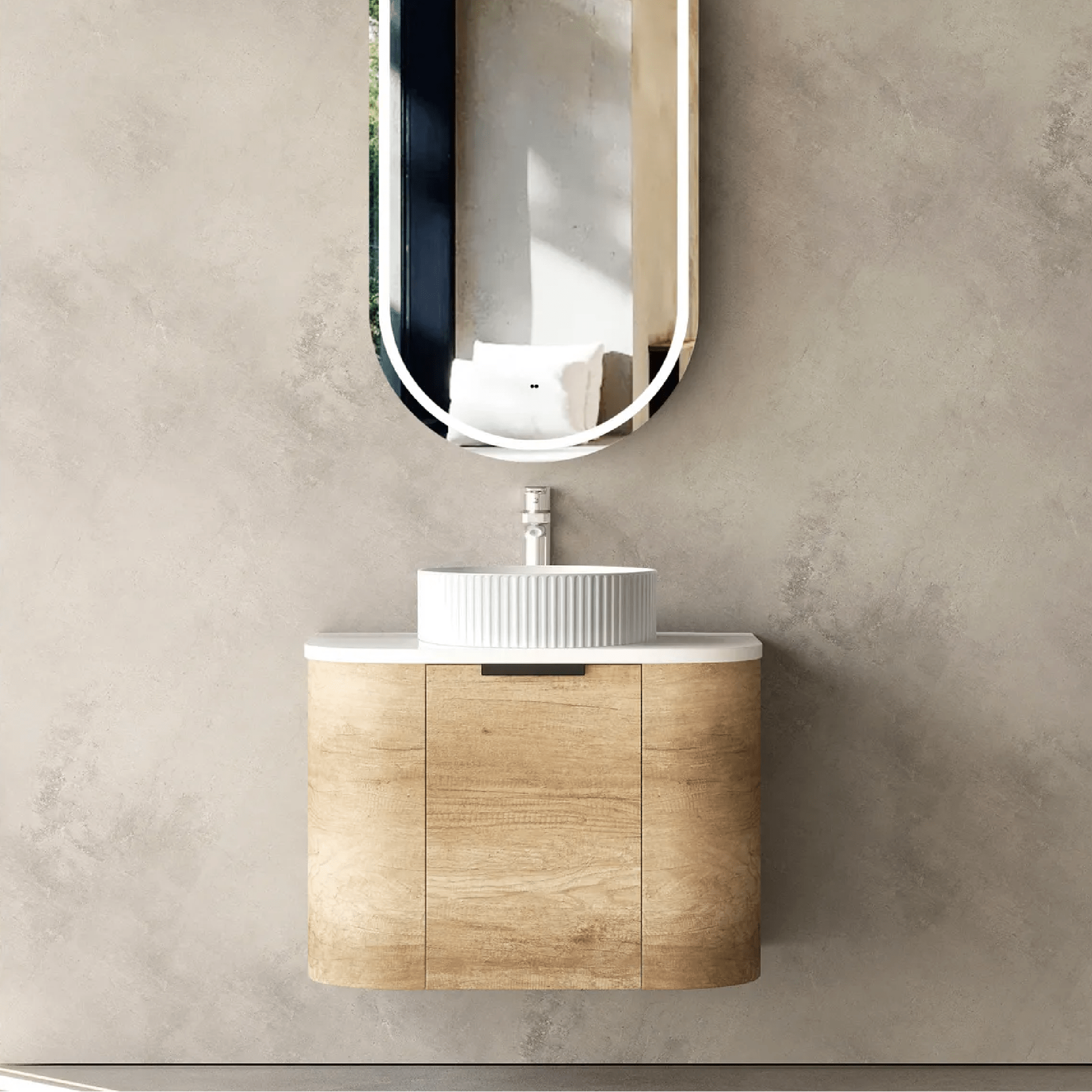 OTTI - Bondi 600mm Natural Oak Wall Hung Curve Vanity - Vanities - from our - Otti - supplier–available at Bathroom City Perth