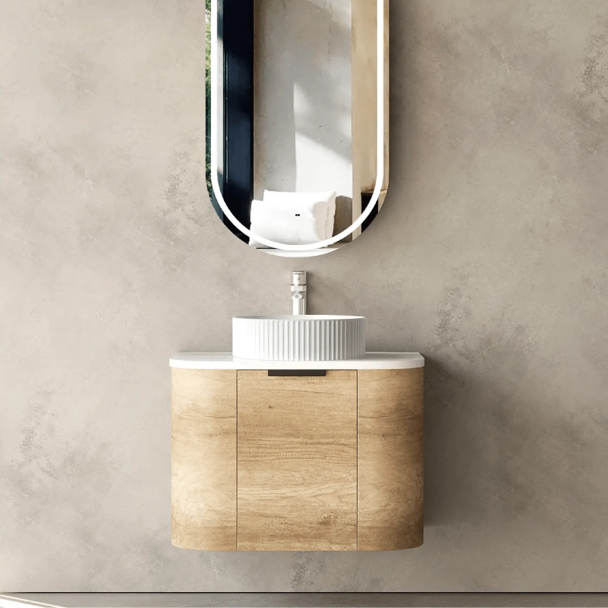 OTTI - Bondi 600mm Natural Oak Wall Hung Curve Vanity-Vanities-from our-Otti-supplier–available at Bathroom City Perth