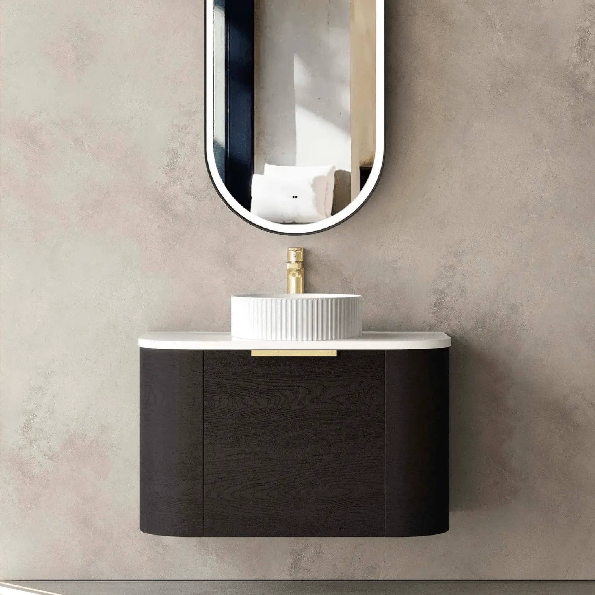 OTTI - Bondi 750mm Black Oak Wall Hung Curve Vanity-Vanities-from our-Otti-supplier–available at Bathroom City Perth