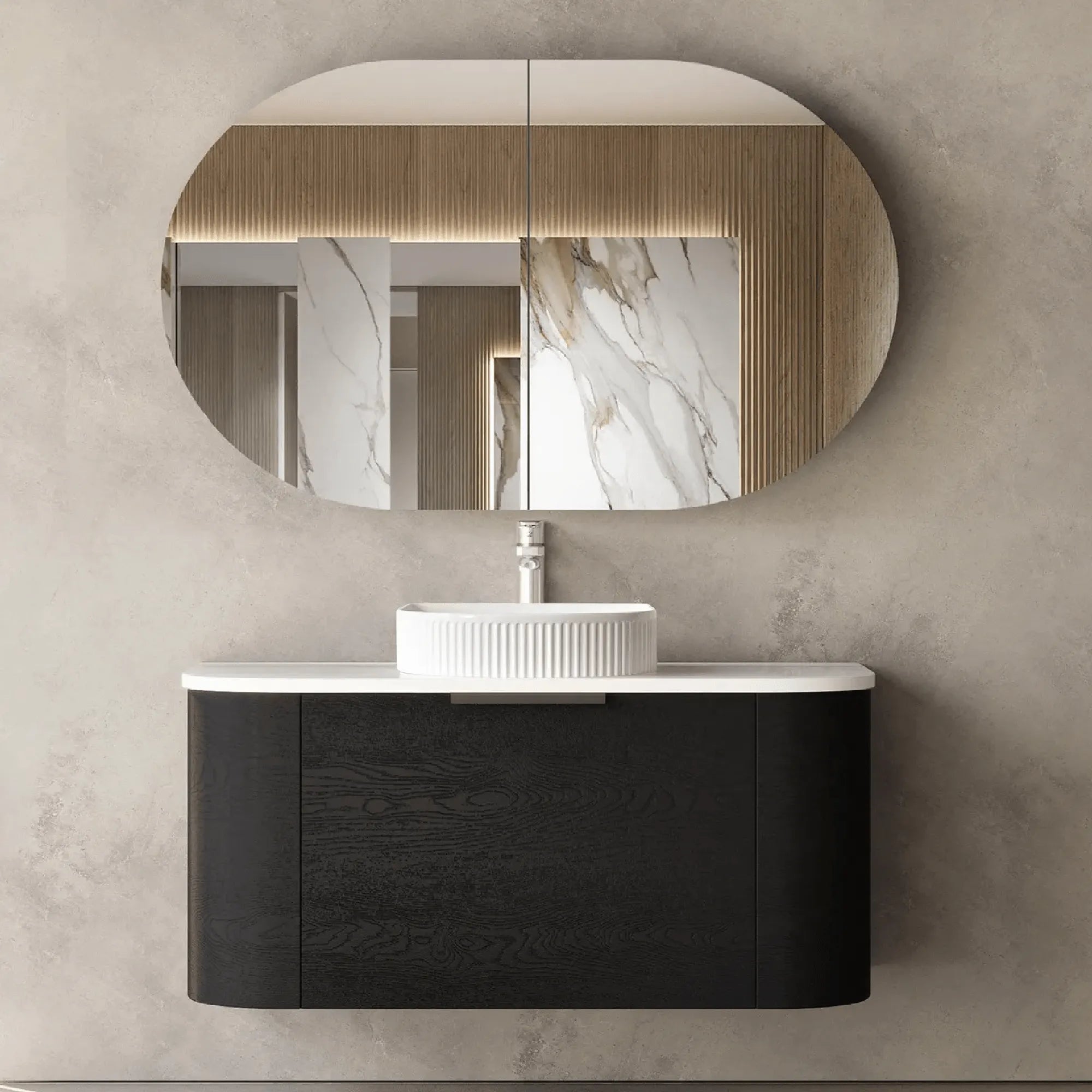 OTTI - Bondi 900mm Black Oak Wall Hung Curve Vanity-Vanities-from our-Otti-supplier–available at Bathroom City Perth