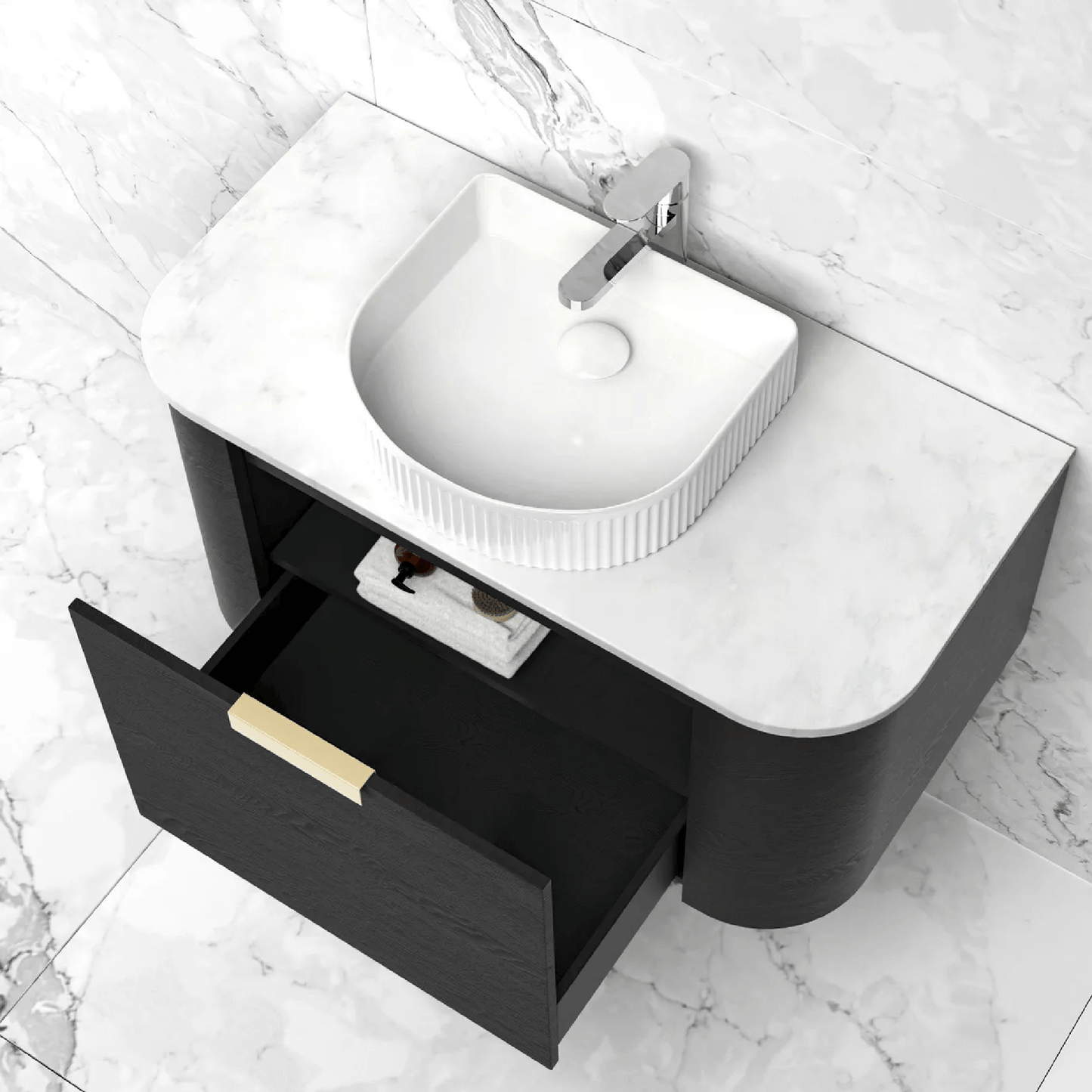 OTTI - Bondi 900mm Black Oak Wall Hung Curve Vanity - Vanities - from our - Otti - supplier–available at Bathroom City Perth