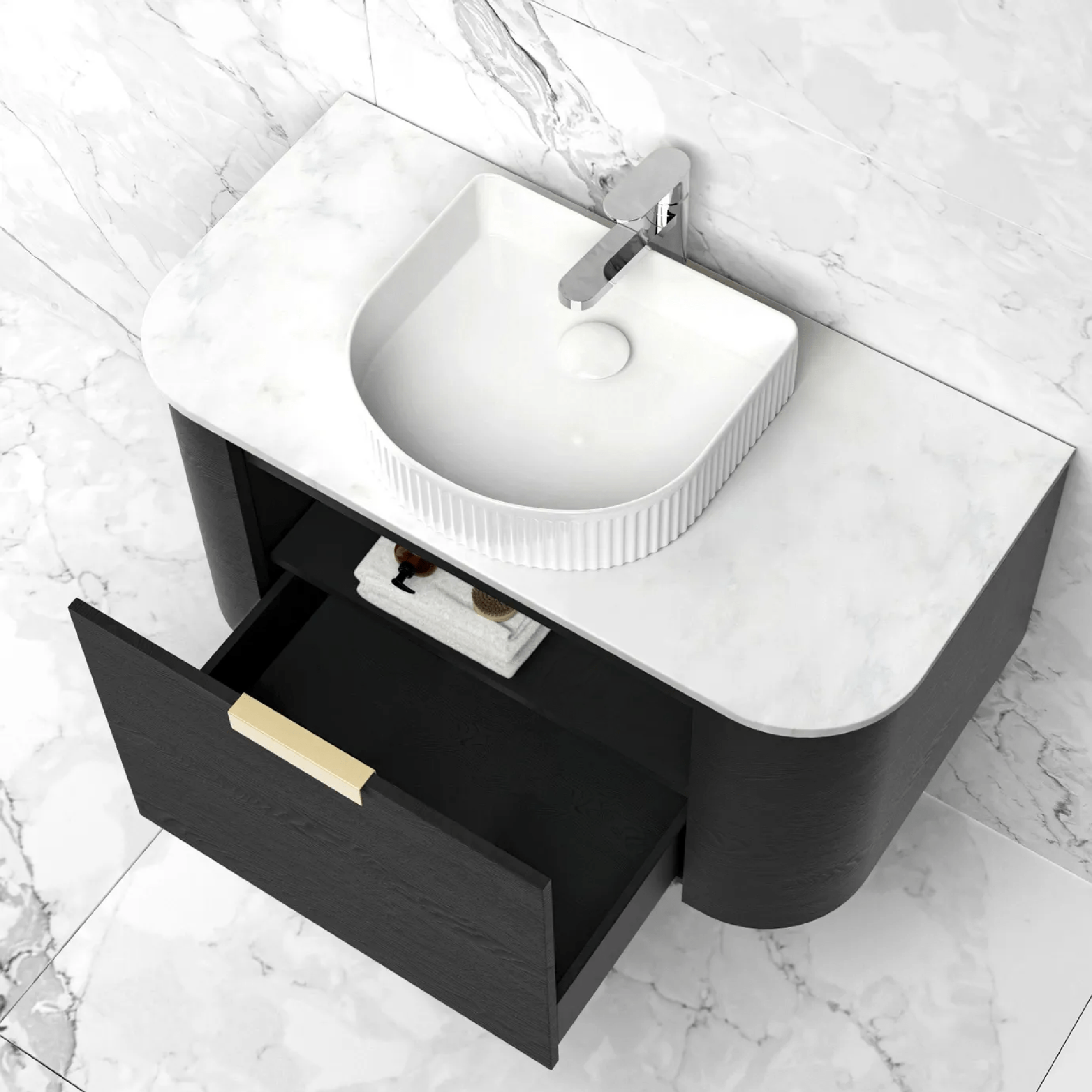 OTTI - Bondi 900mm Black Oak Wall Hung Curve Vanity - Vanities - from our - Otti - supplier–available at Bathroom City Perth