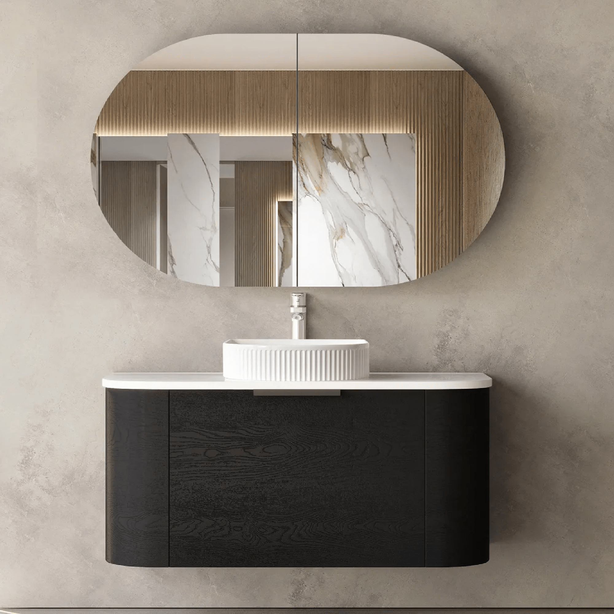 OTTI - Bondi 900mm Black Oak Wall Hung Curve Vanity - Vanities - from our - Otti - supplier–available at Bathroom City Perth
