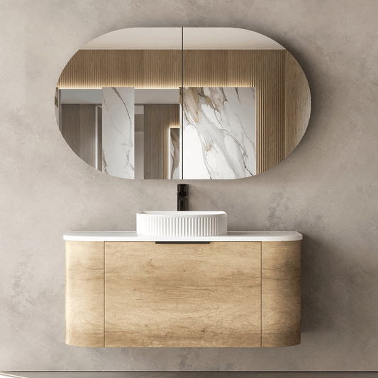 OTTI - Bondi 900mm Natural Oak Wall Hung Curve Vanity - Vanities - from our - Otti - supplier–available at Bathroom City Perth