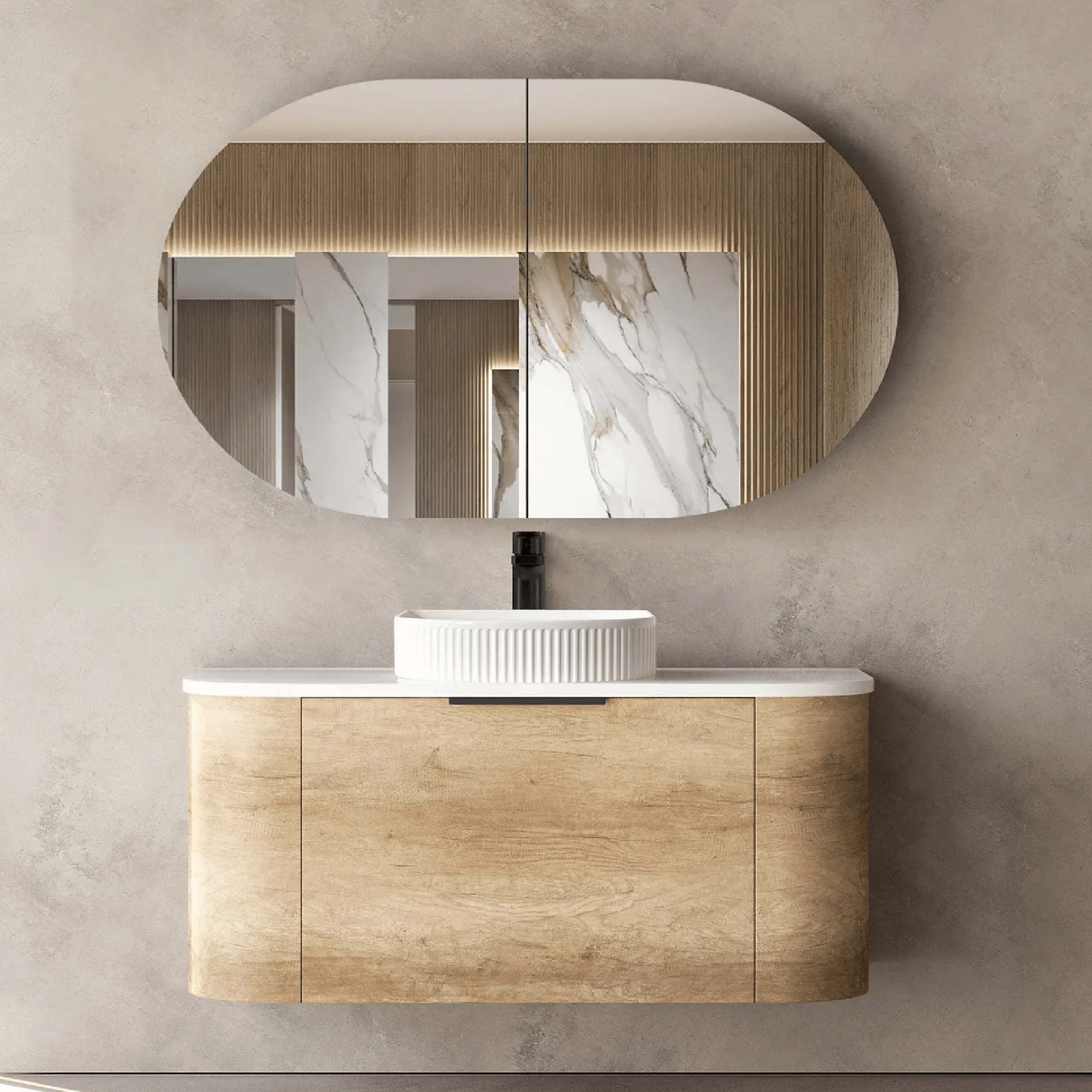 OTTI - Bondi 900mm Natural Oak Wall Hung Curve Vanity - Vanities - from our - Otti - supplier–available at Bathroom City Perth