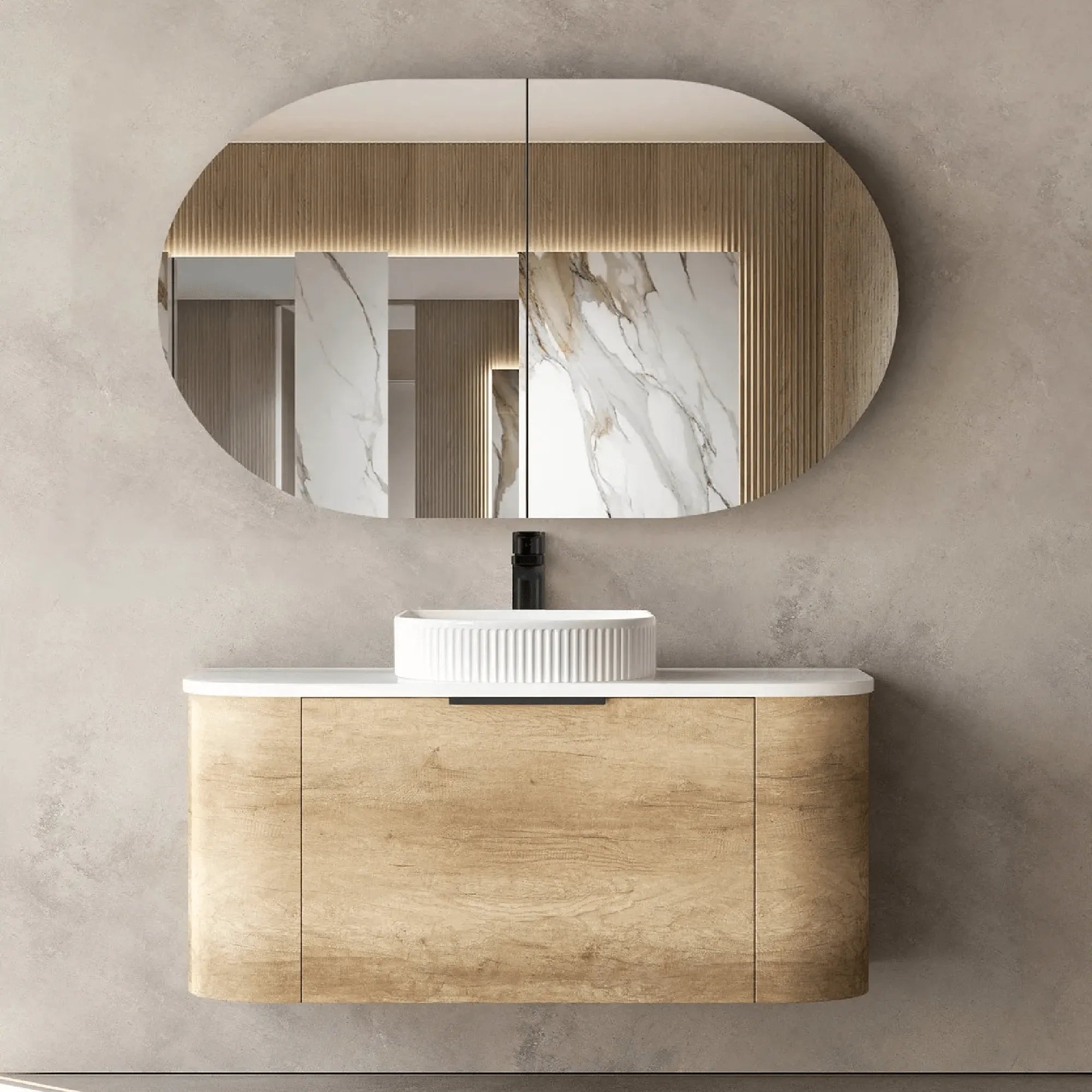 OTTI - Bondi 900mm Natural Oak Wall Hung Curve Vanity-Vanities-from our-Otti-supplier–available at Bathroom City Perth
