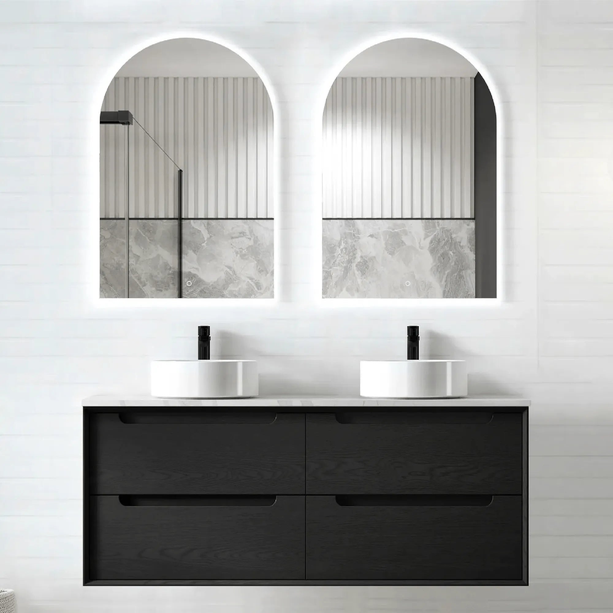 OTTI - Byron 1200mm Black Oak Wall Hung Vanity Double Bowl-Vanities-from our-Otti-supplier–available at Bathroom City Perth
