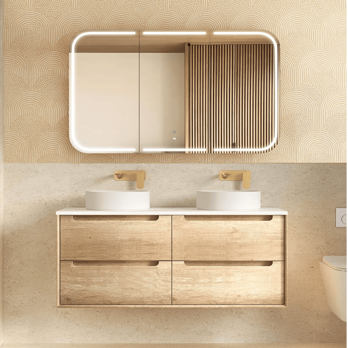 OTTI - Byron 1200mm Natural Oak Wall Hung Vanity Double Bowl - Vanities - from our - Otti - supplier–available at Bathroom City Perth