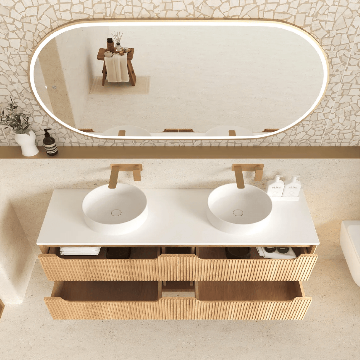 OTTI - Byron Fluted 1200mm Woodland Oak Four Drawer Wall Hung Vanity - Vanities - from our - Otti - supplier–available at Bathroom City Perth