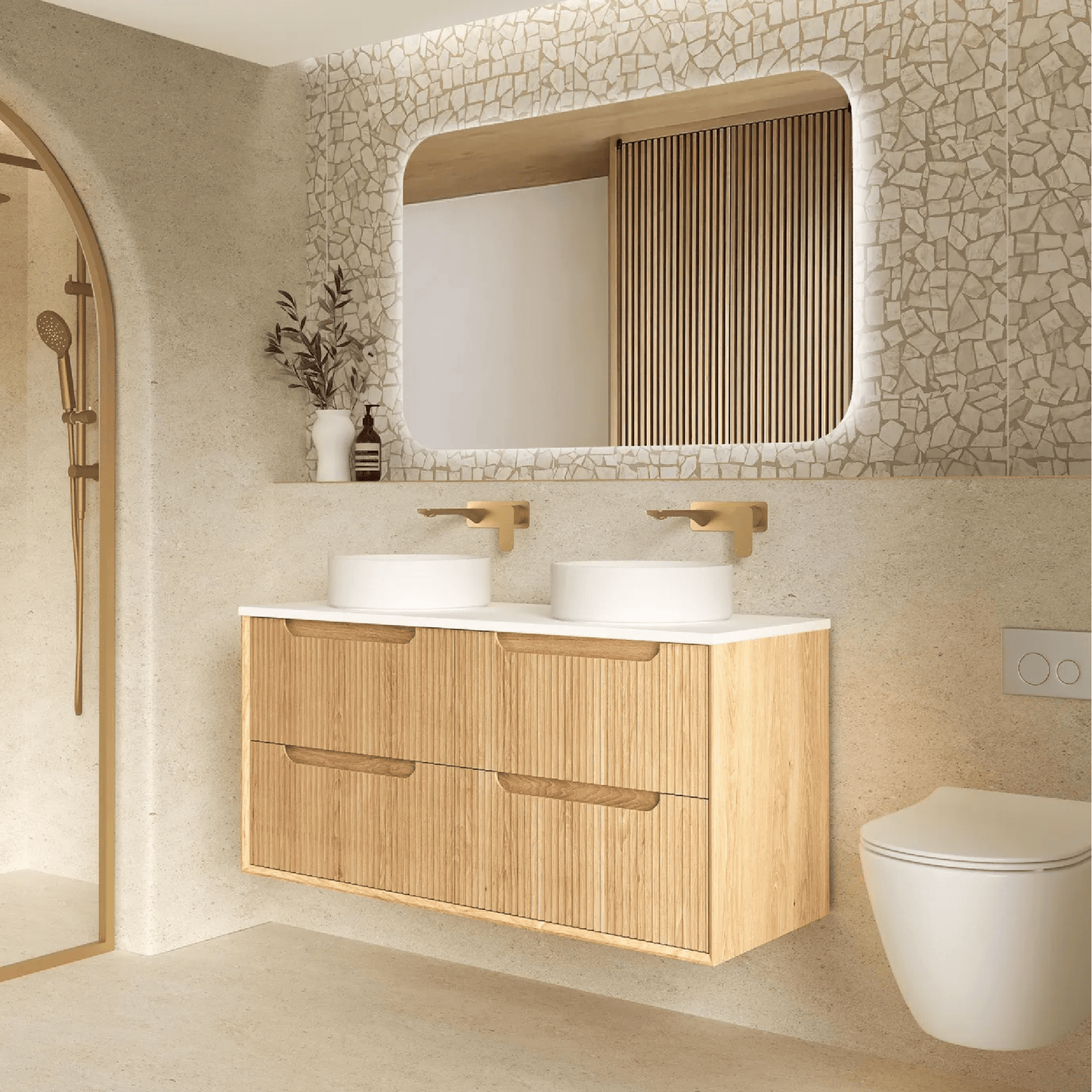 OTTI - Byron Fluted 1200mm Woodland Oak Four Drawer Wall Hung Vanity - Vanities - from our - Otti - supplier–available at Bathroom City Perth