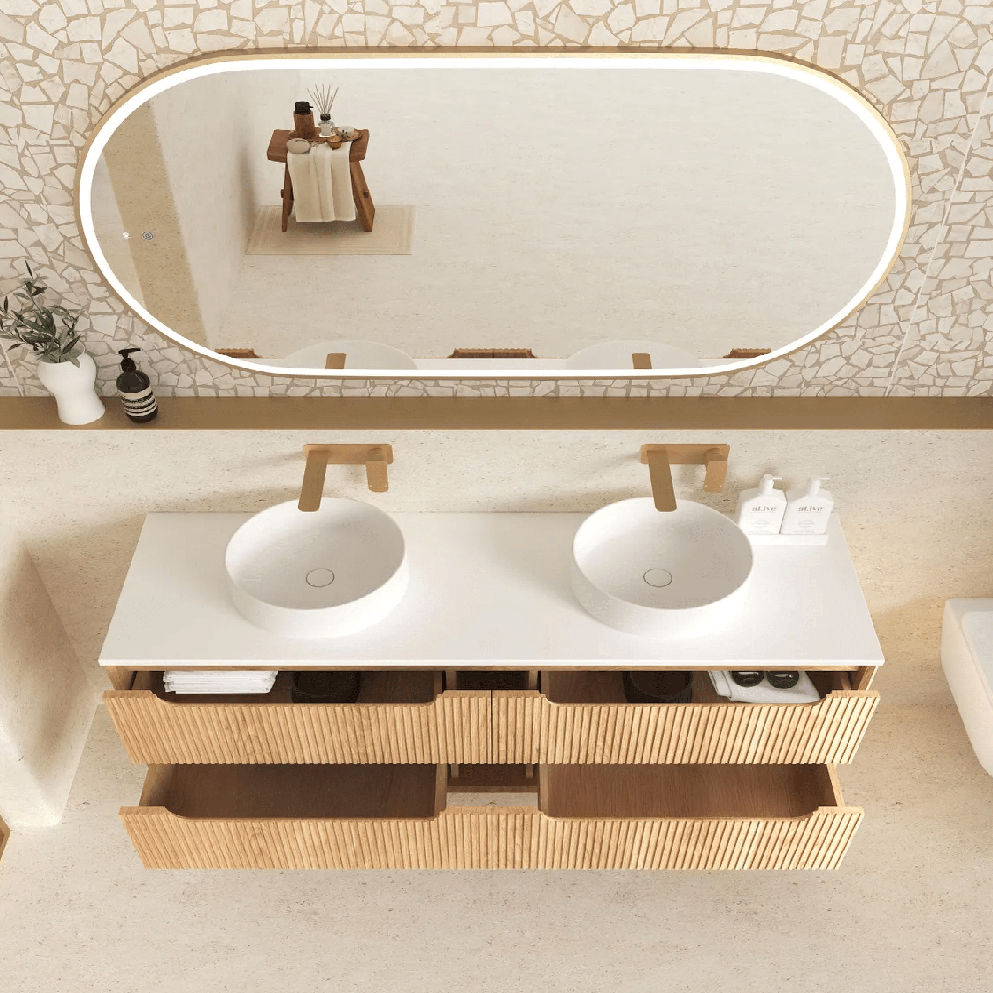 OTTI - Byron Fluted 1500mm Woodland Oak Wall Hung Vanity - Vanities - from our - Otti - supplier–available at Bathroom City Perth