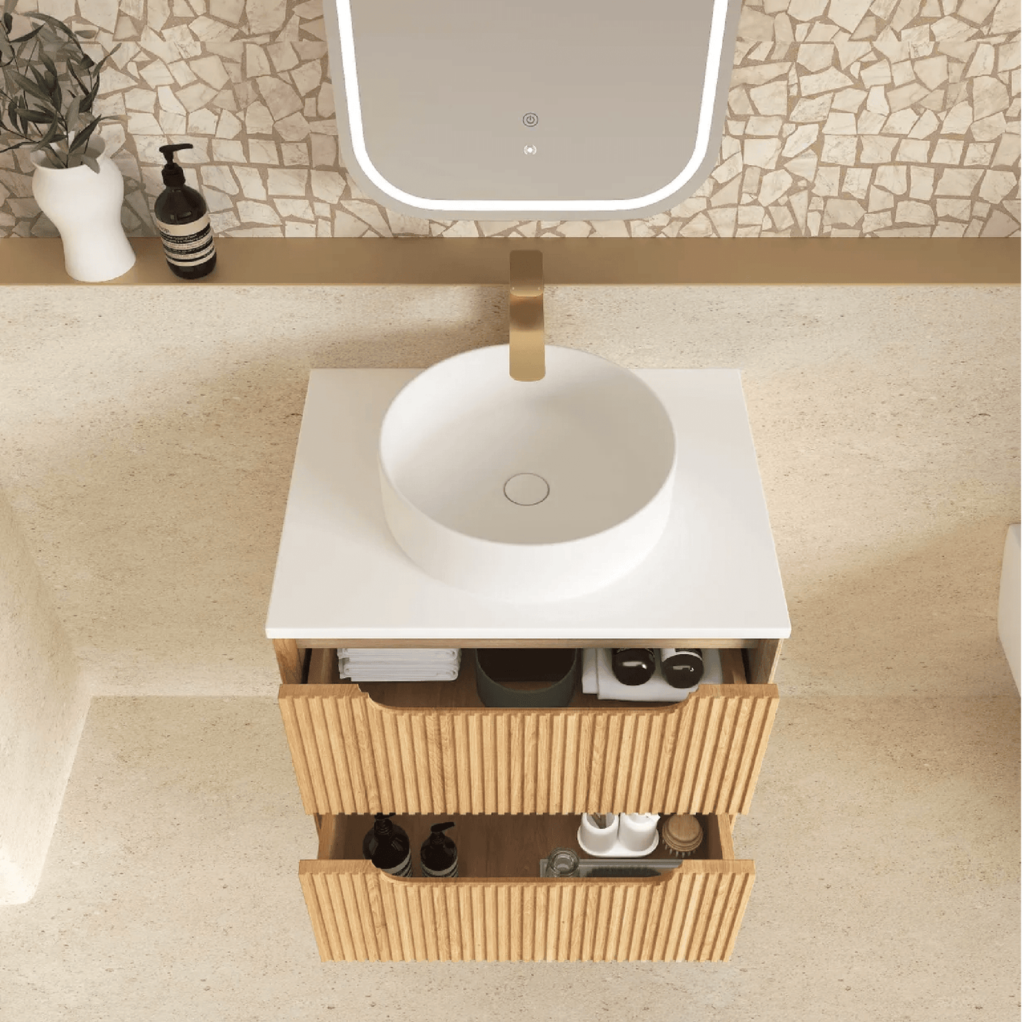 OTTI - Byron Fluted 600mm Woodland Oak Wall Hung Vanity - Vanities - from our - Otti - supplier–available at Bathroom City Perth