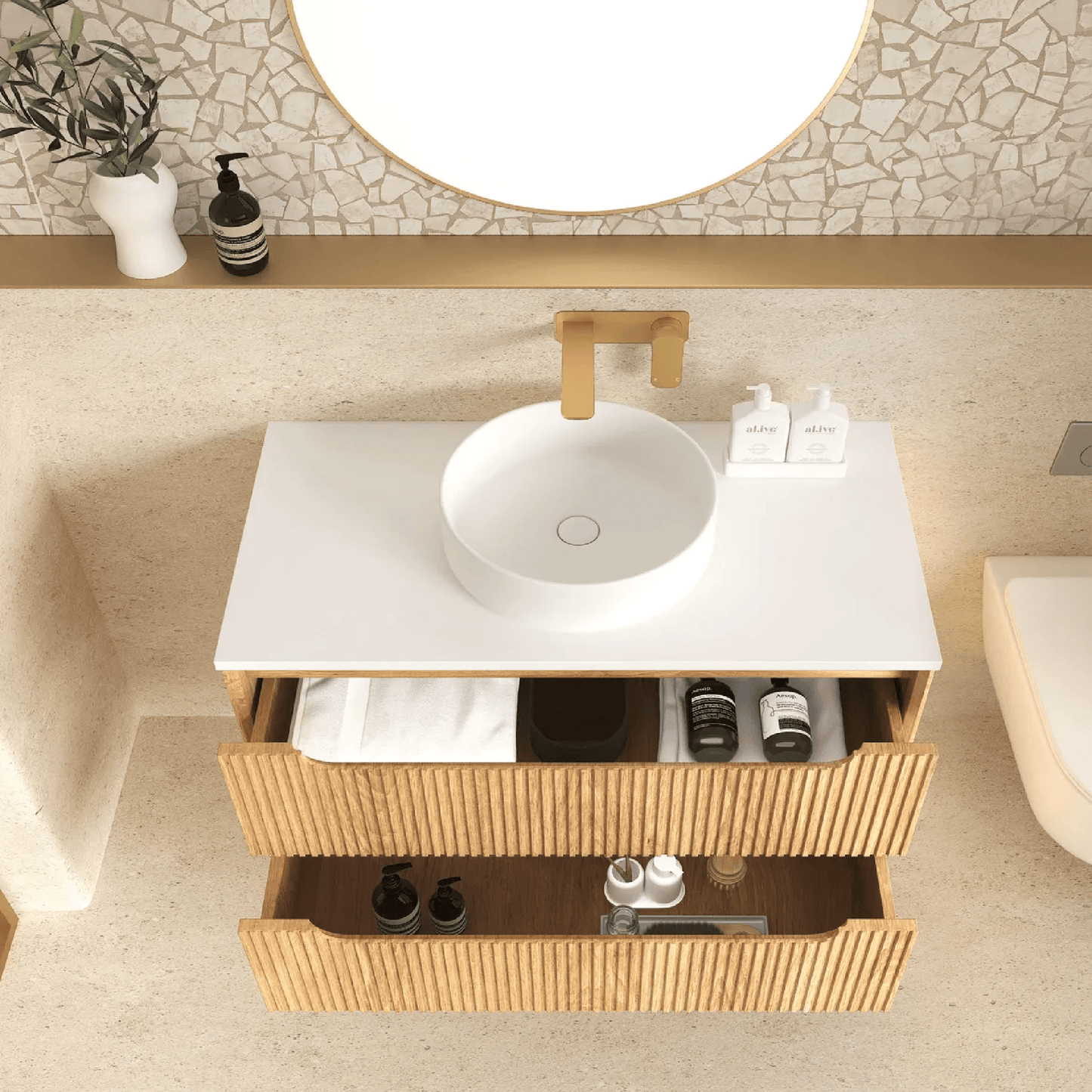 OTTI - Byron Fluted 750mm Woodland Oak Wall Hung Vanity - Vanities - from our - Otti - supplier–available at Bathroom City Perth