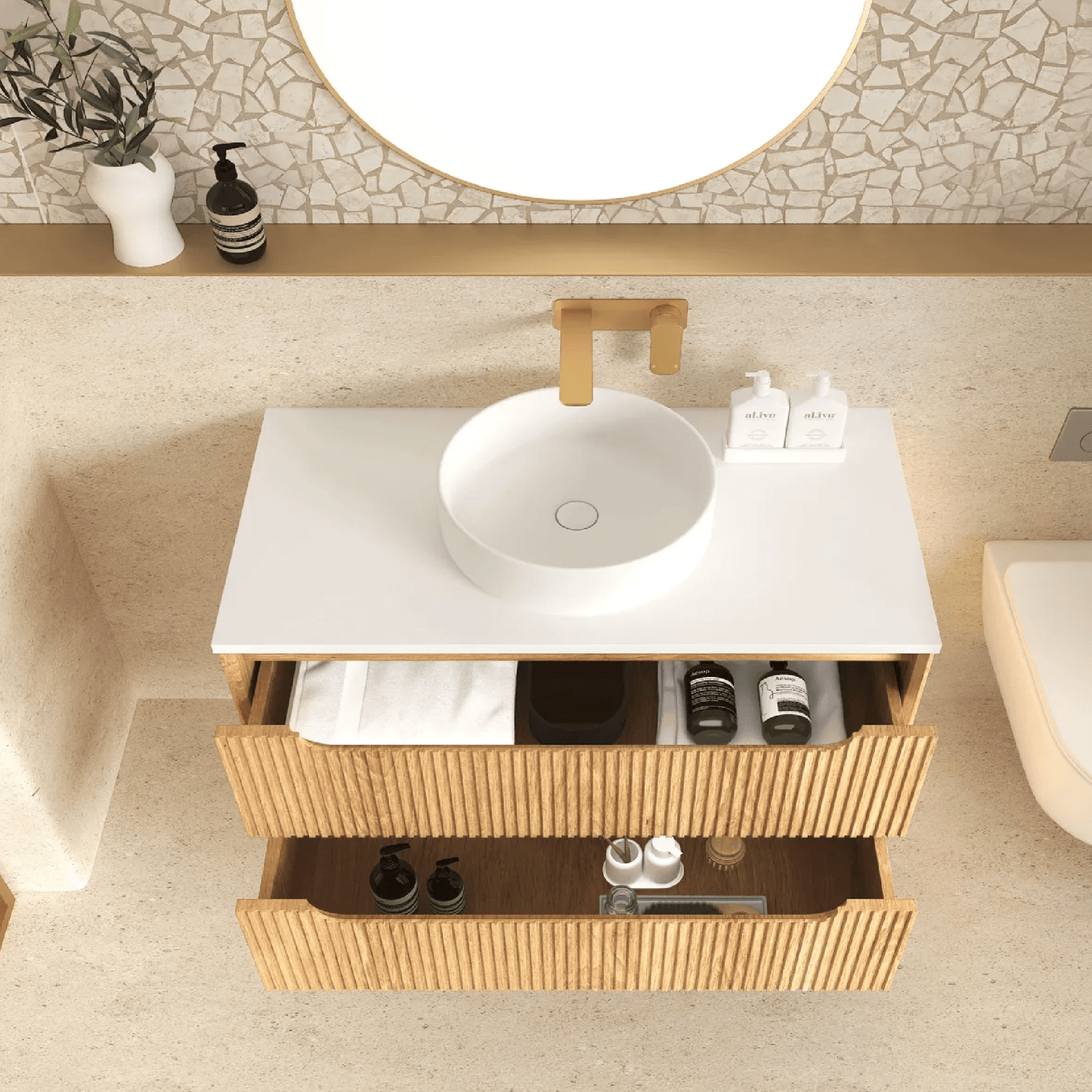 OTTI - Byron Fluted 900mm Woodland Oak Wall Hung Vanity - Vanities - from our - Otti - supplier–available at Bathroom City Perth
