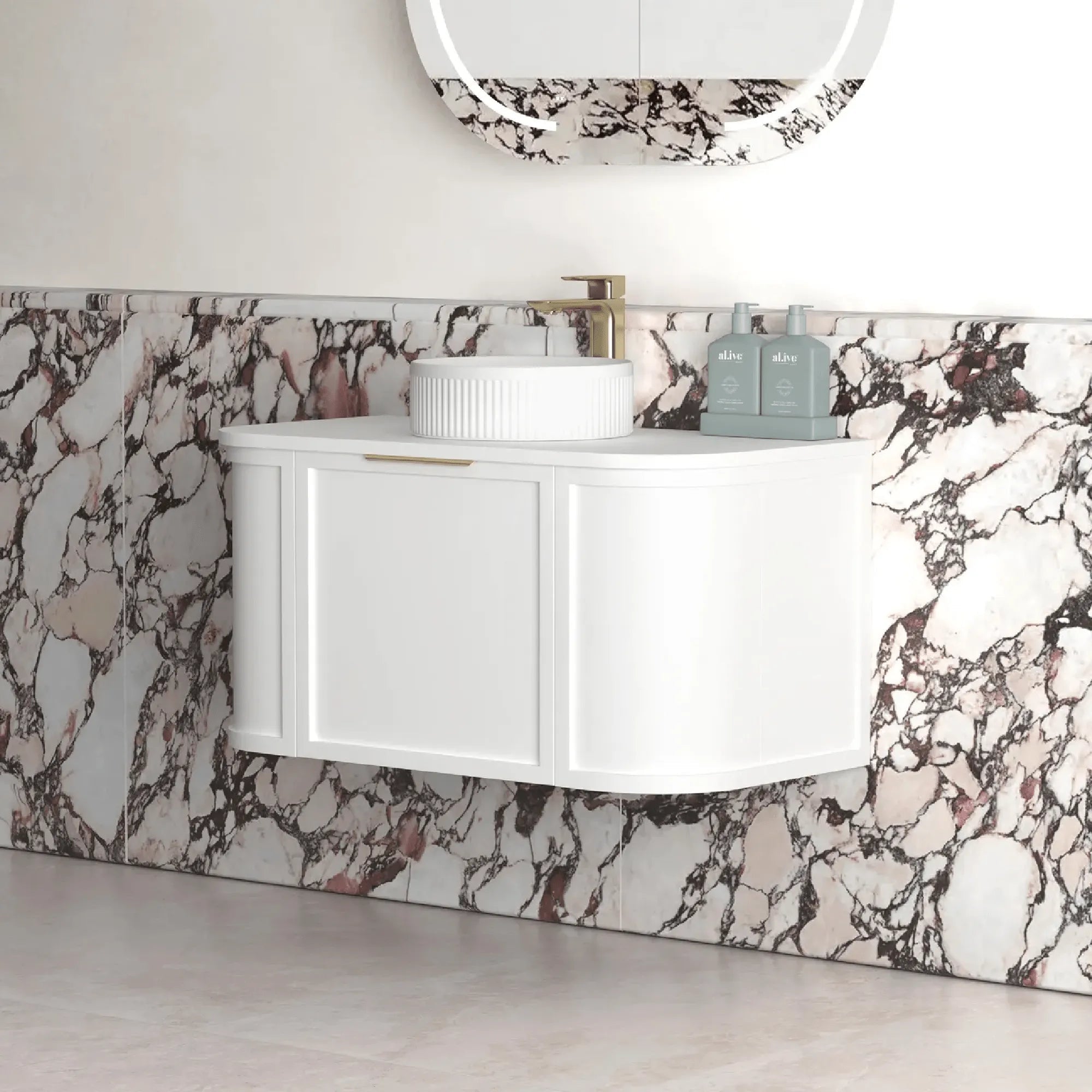 OTTI - Hampshire 900mm Satin White Wall Hung Curve Vanity-Vanities-from our-Otti-supplier–available at Bathroom City Perth