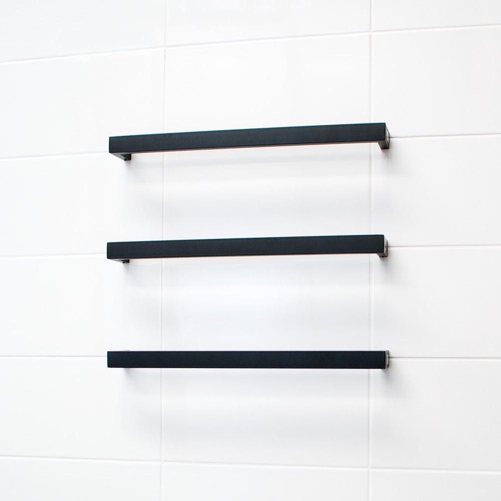 RADIANT - BSBSTR - 800 Heated Low Voltage Single Square Bar 800 mm Matt Black - Heated Towel Rails - from our - Radiant - supplier–available at Bathroom City Perth