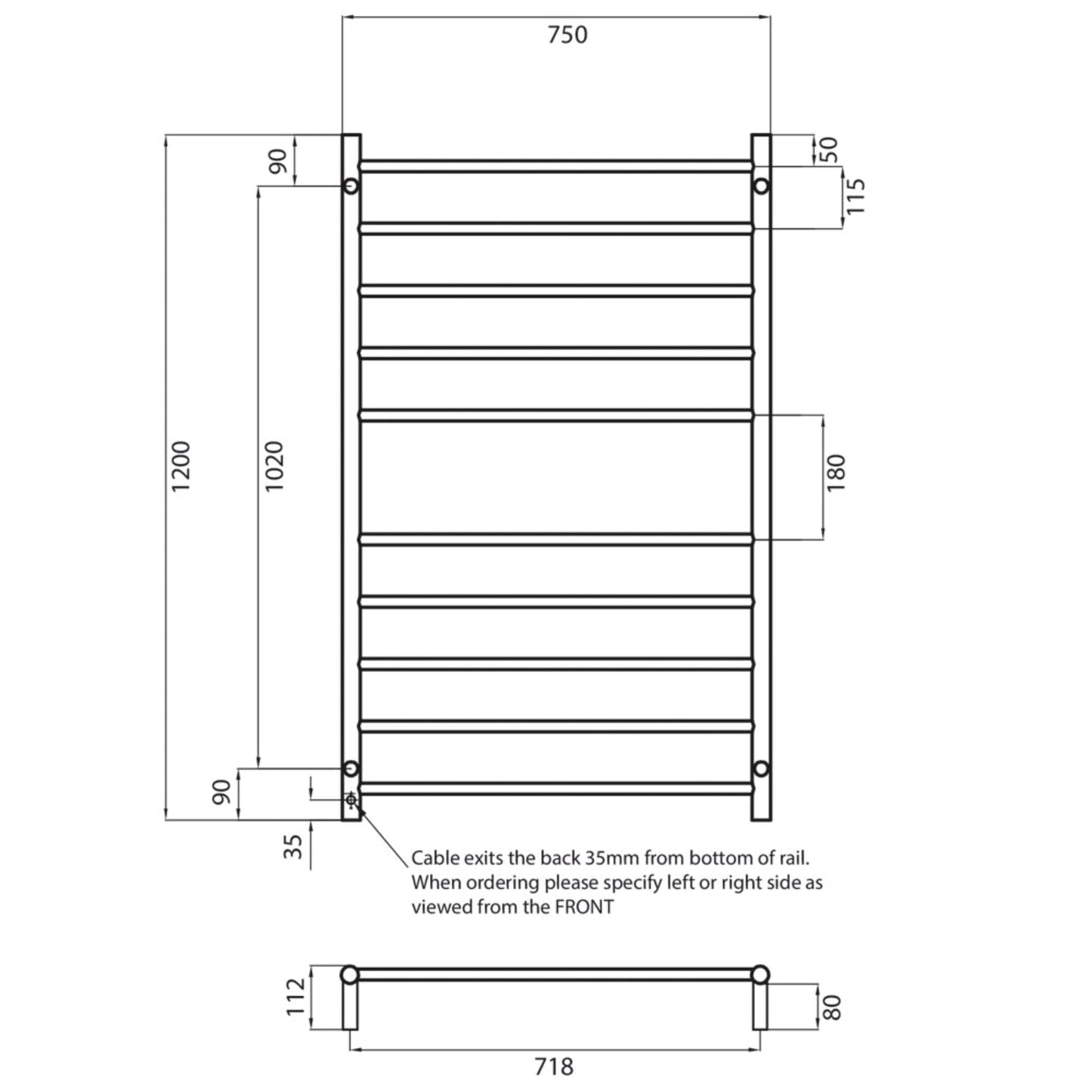 RADIANT - RTR04 Heated Round Ladder 750x1200mm Mirror PolishedHeated Towel Rails – available at Bathroom City Perth