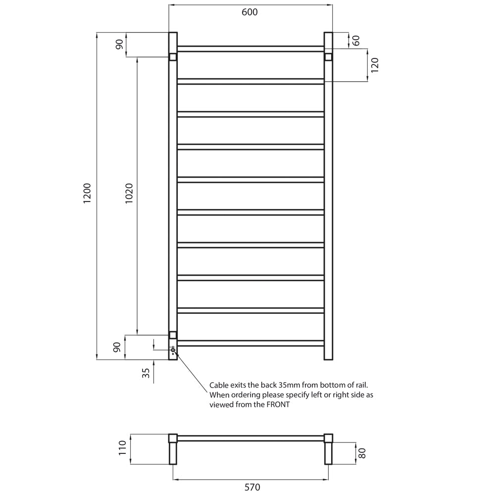 RADIANT - STR02 Heated Square Ladder 600X1200mm Mirror Polished - Heated Towel Rails - from our - Radiant - supplier–available at Bathroom City Perth